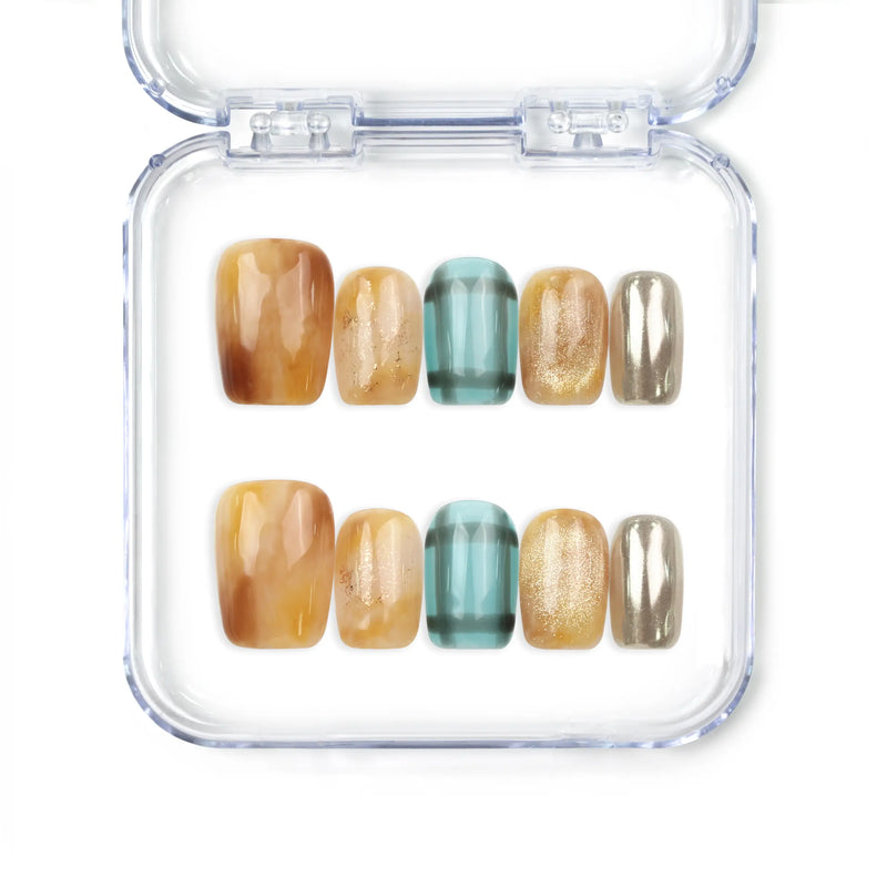 Naillover Cozy Plaid Glaze short coffin handmade press on nails in brown plaid with cat-eye shimmer and chrome accents, Singapore collection