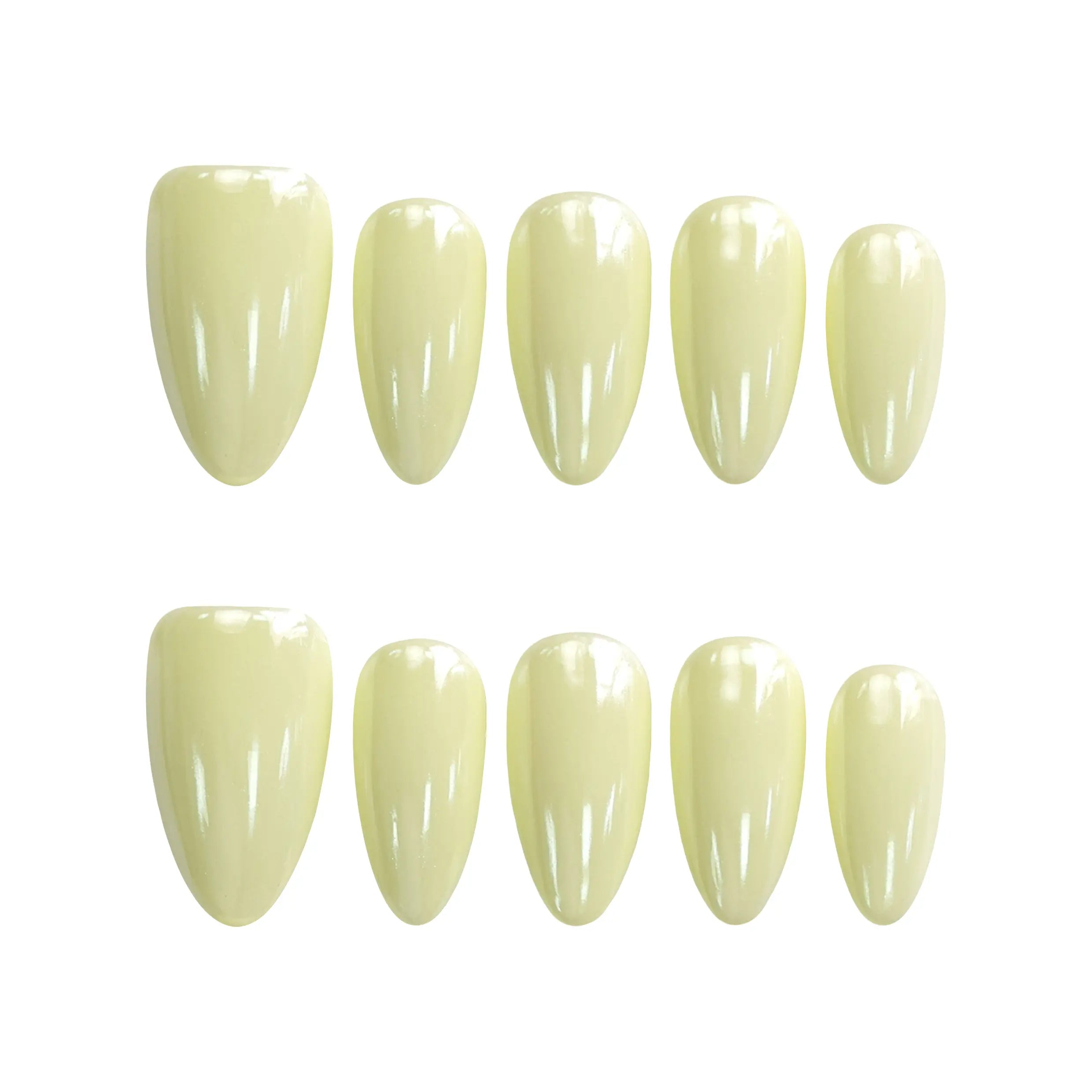 Product display of short almond-shaped press-on nails in pastel yellow, radiating a sweet and happy vibe