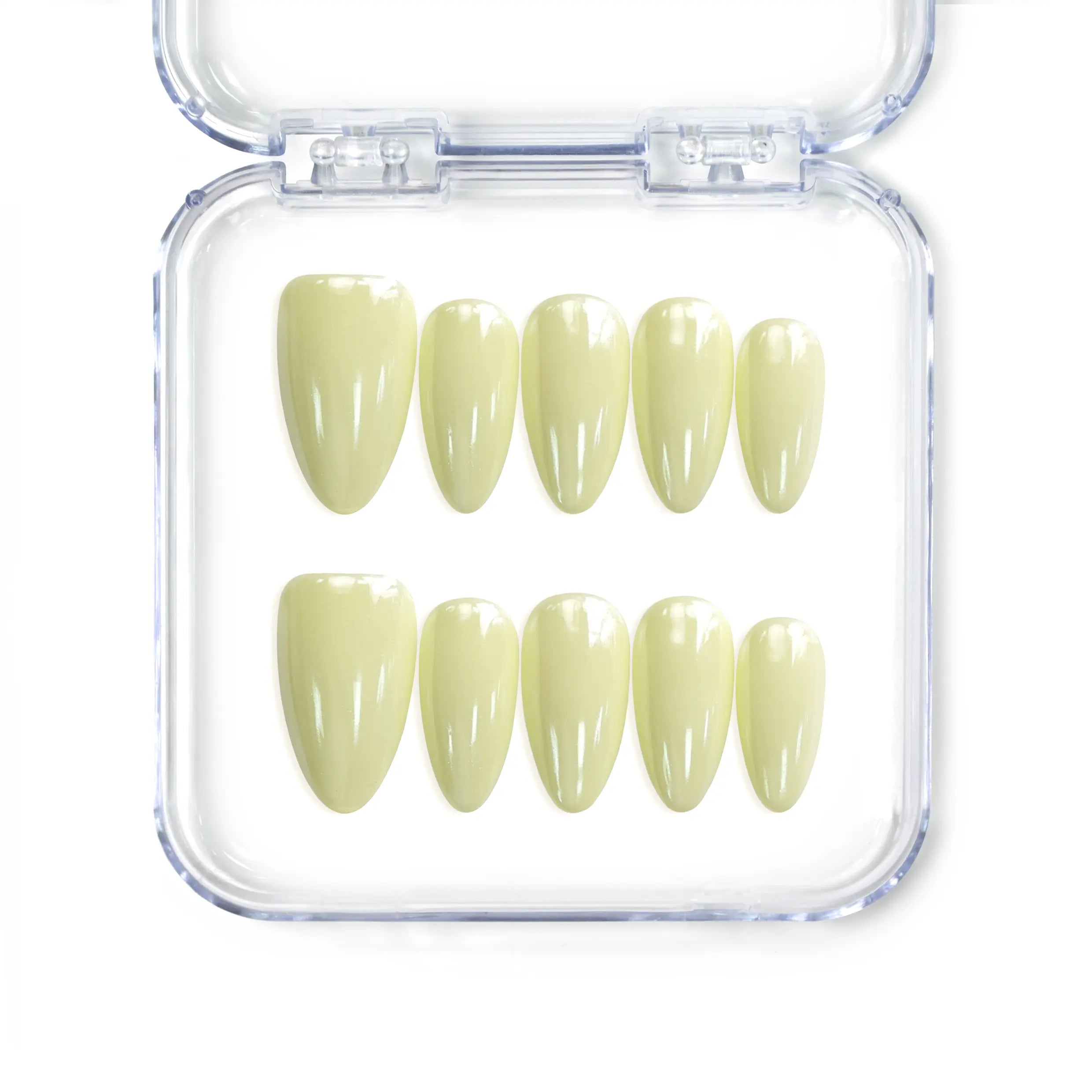 Naillover Singapore handmade short almond nails in glossy pastel yellow for a cheerful, soft look