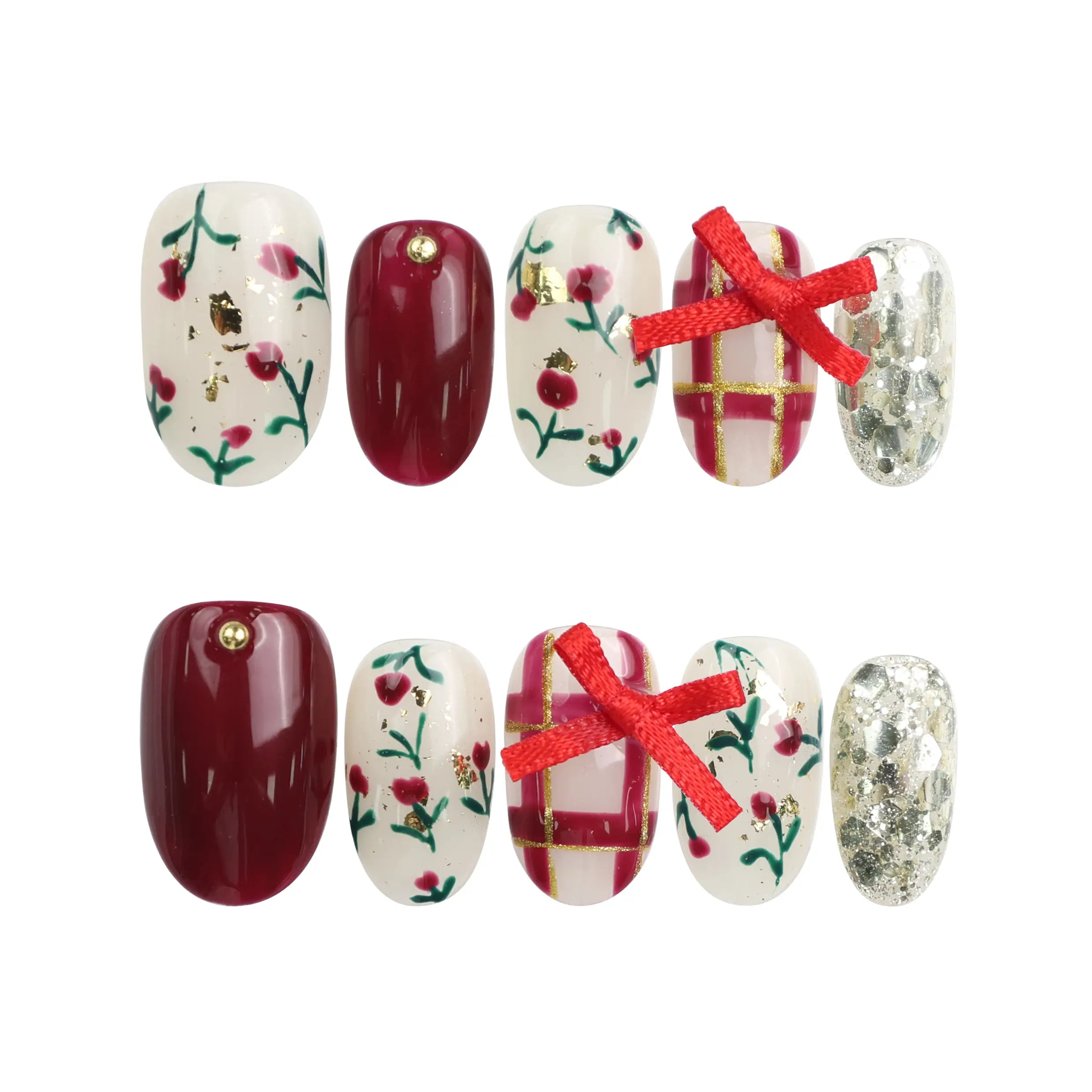 Crimson Bow handmade Singapore press on nails in red with white bows and confetti details, displayed on a white background for product clarity