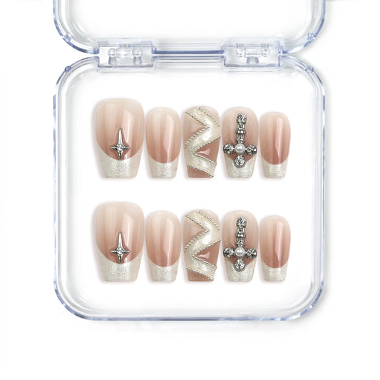 Naillover Singapore handmade medium coffin press on nails in beige with crystal studs and zigzag details