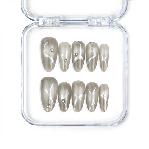 Singapore handmade silver medium press on nails with metallic chrome and gem details by naillover