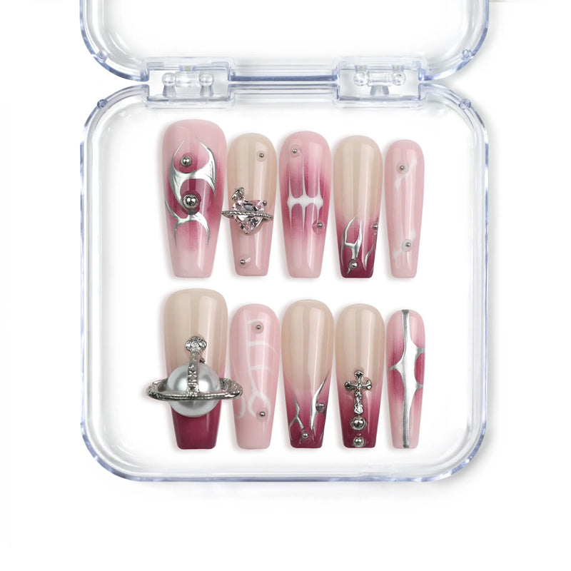 Naillover handmade Singapore pink coffin press on nails with marble effect, nude gradient, and silver gemstone charms