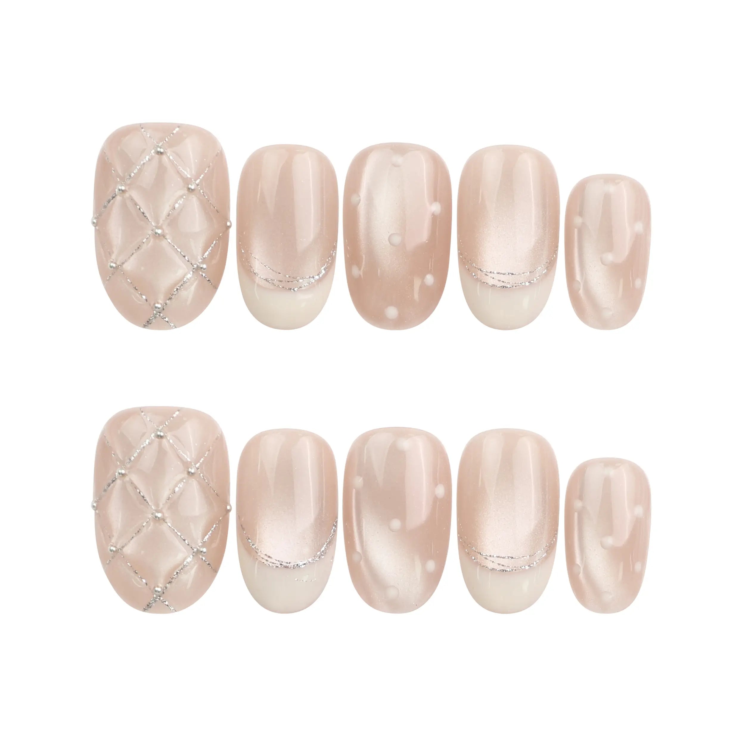 Dewdrop Delight nude shimmer handmade Singapore press on nails set on white background