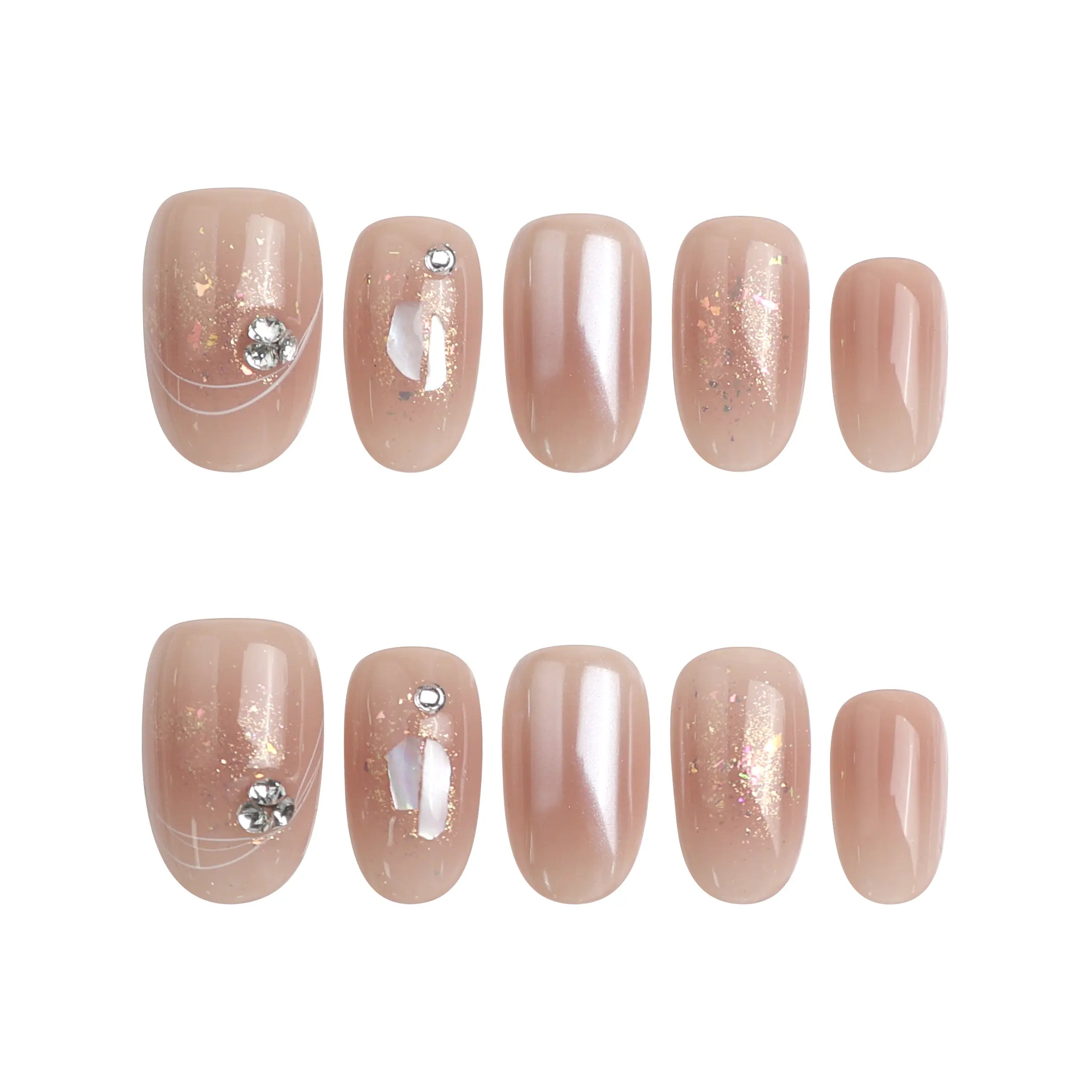 Product flat lay showing Naillover’s short handmade press on nails in soft pink, inspired by a gentle morning light design
