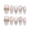 Dolce Peach pink coffin press on nails with silver chain accents displayed on white background by naillover