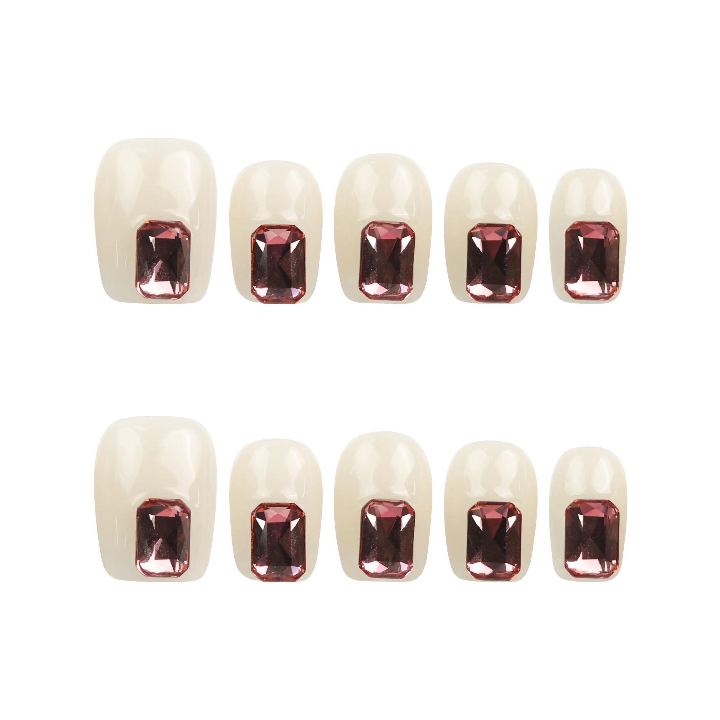 Dream Glitter handmade beige press-on nails with pink rhinestones, cute Singapore nails by naillover