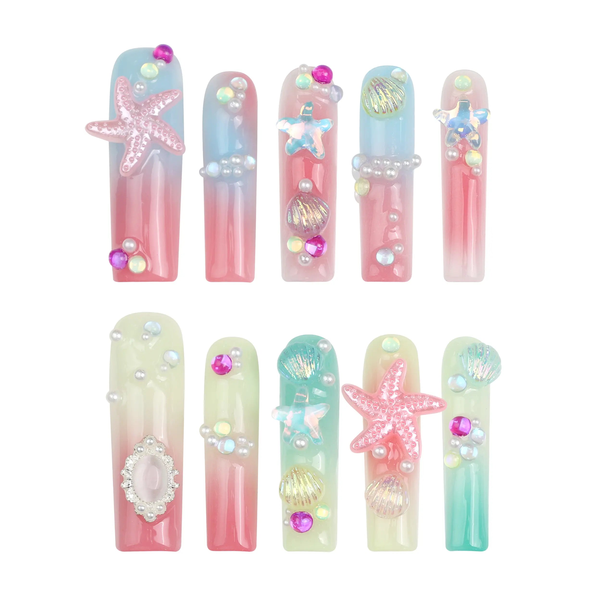 Product flat lay of Singapore handmade long pipe press on nails featuring 3D ocean waves, flowers, and gold starfish by Naillover