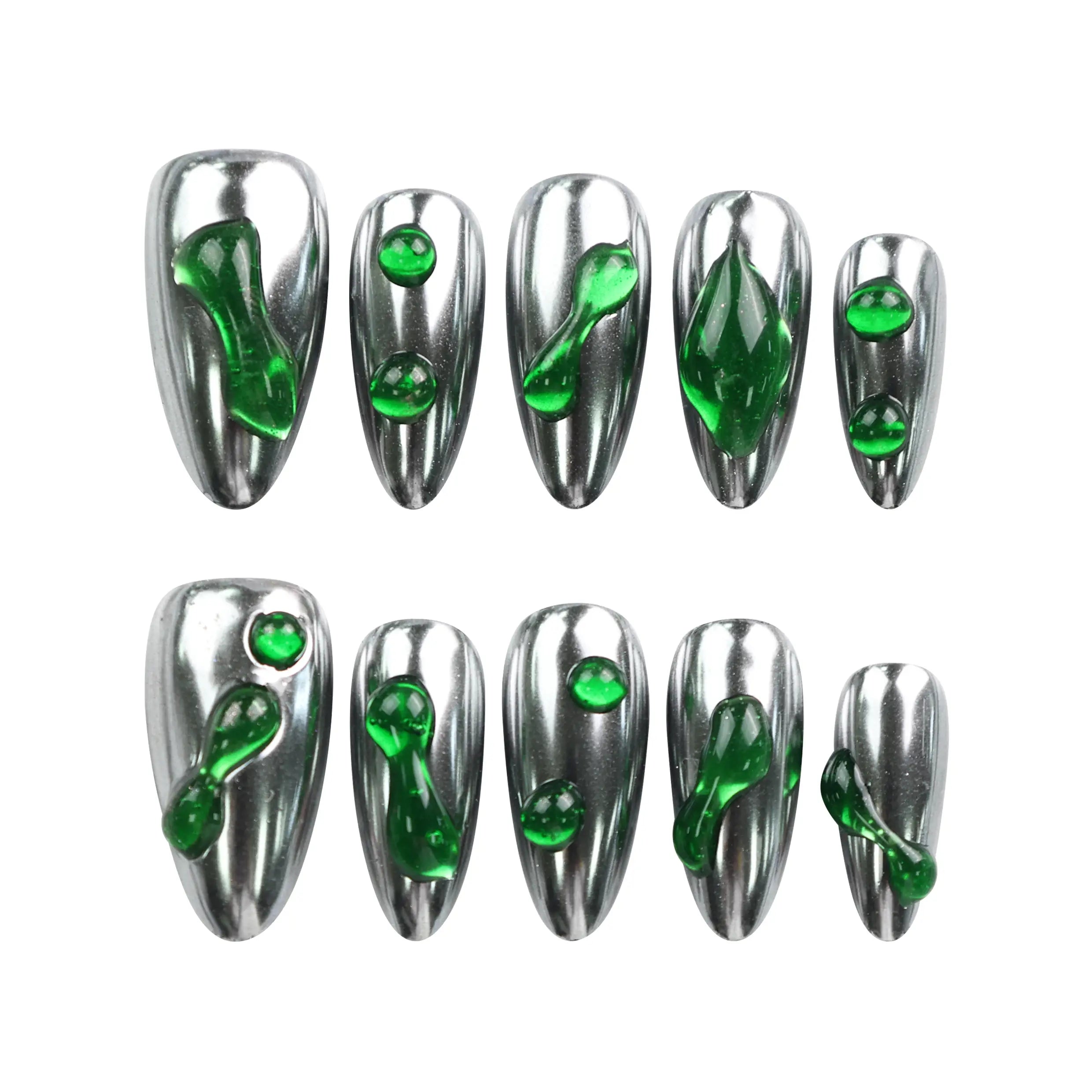 Emerald Wave handmade press-on nails Singapore on white background, silver and emerald wave design by naillover