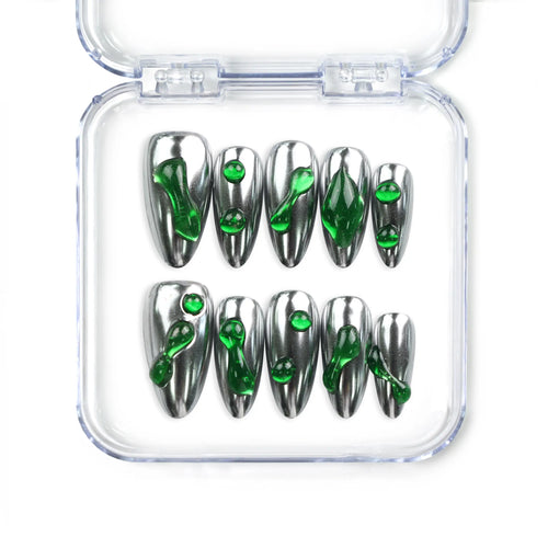 Emerald Wave handmade press-on nails Singapore with mirror silver base and translucent emerald green wave design by naillover