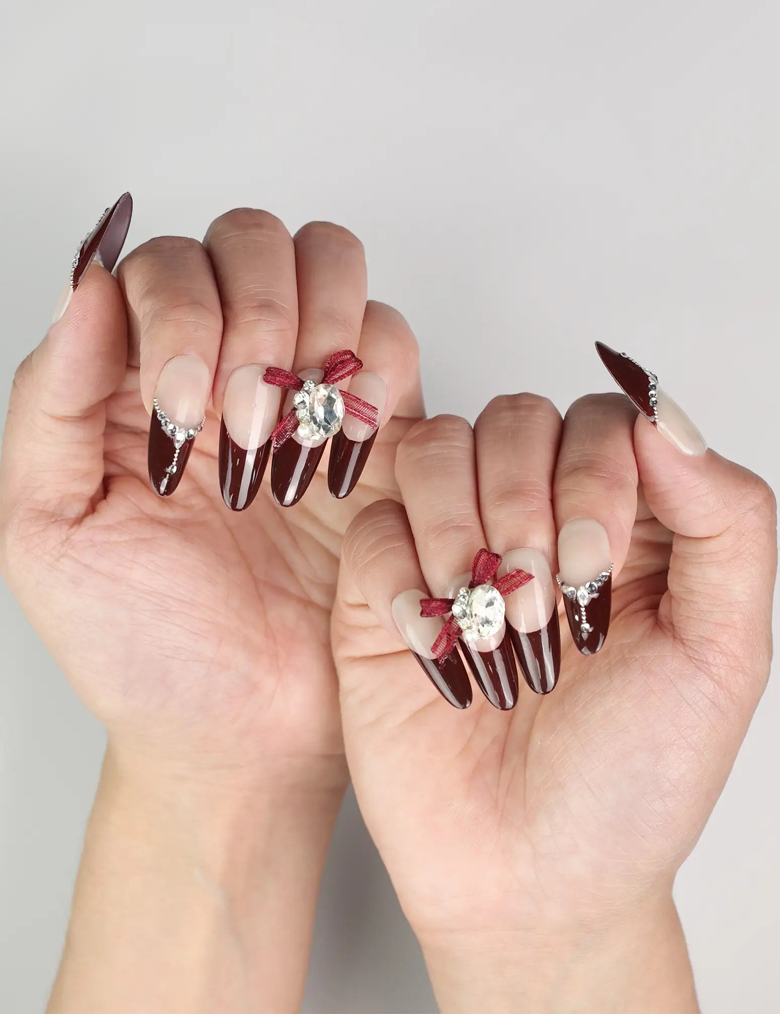 Elegant Eternal burgundy press-on nails with red ribbon design, Singapore handmade press on nails by naillover