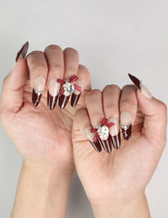 Elegant Eternal burgundy press-on nails with red ribbon design, Singapore handmade press on nails by naillover