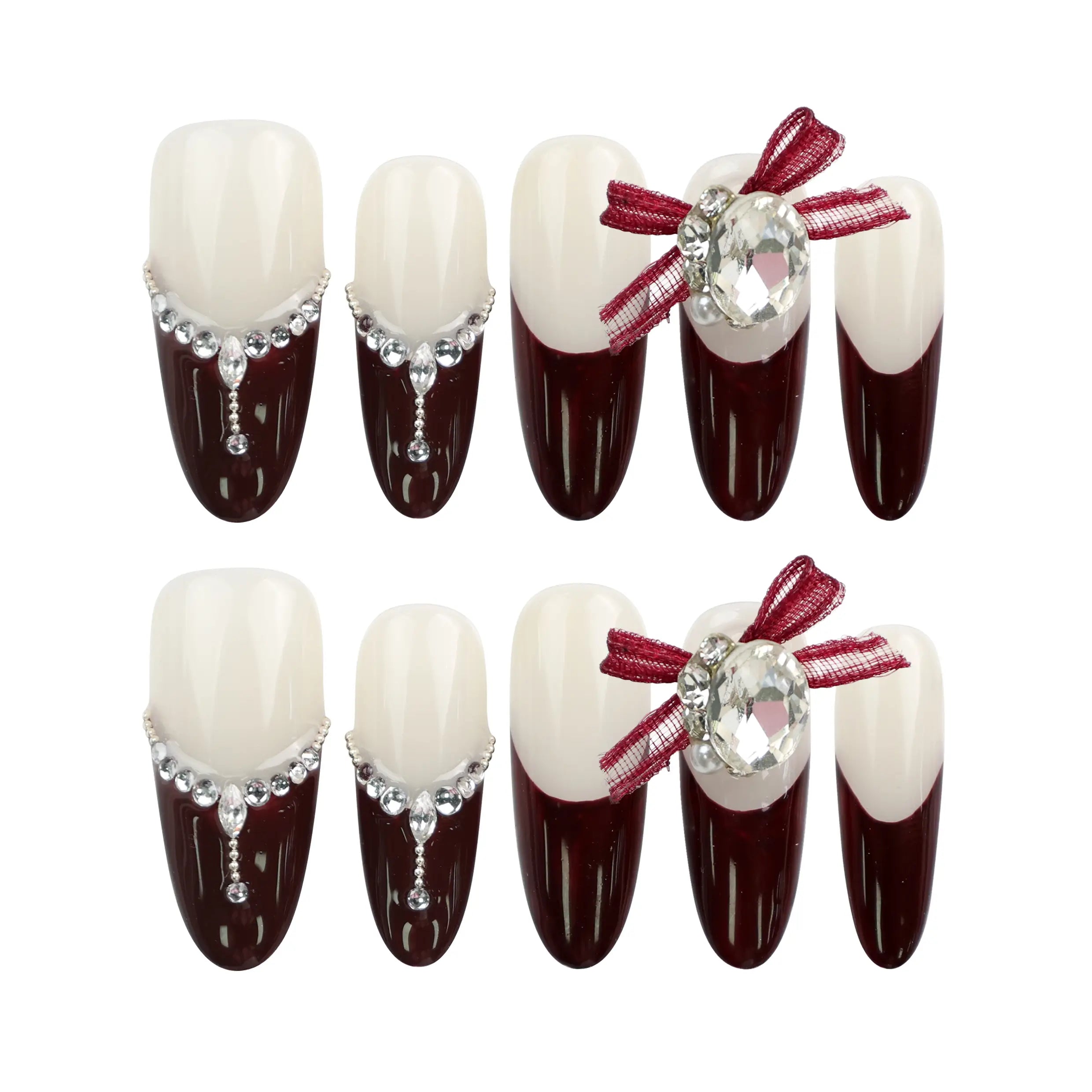 Eternal burgundy press-on nails with silver accents displaying in a white background, Singapore handmade nails by naillover