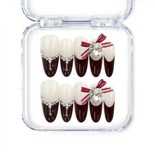 Eternal burgundy red handmade press-on nails with silver accents and red ribbons, Singapore press on nails by naillover