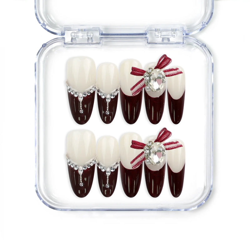 Eternal burgundy red handmade press-on nails with silver accents and red ribbons, Singapore press on nails by naillover
