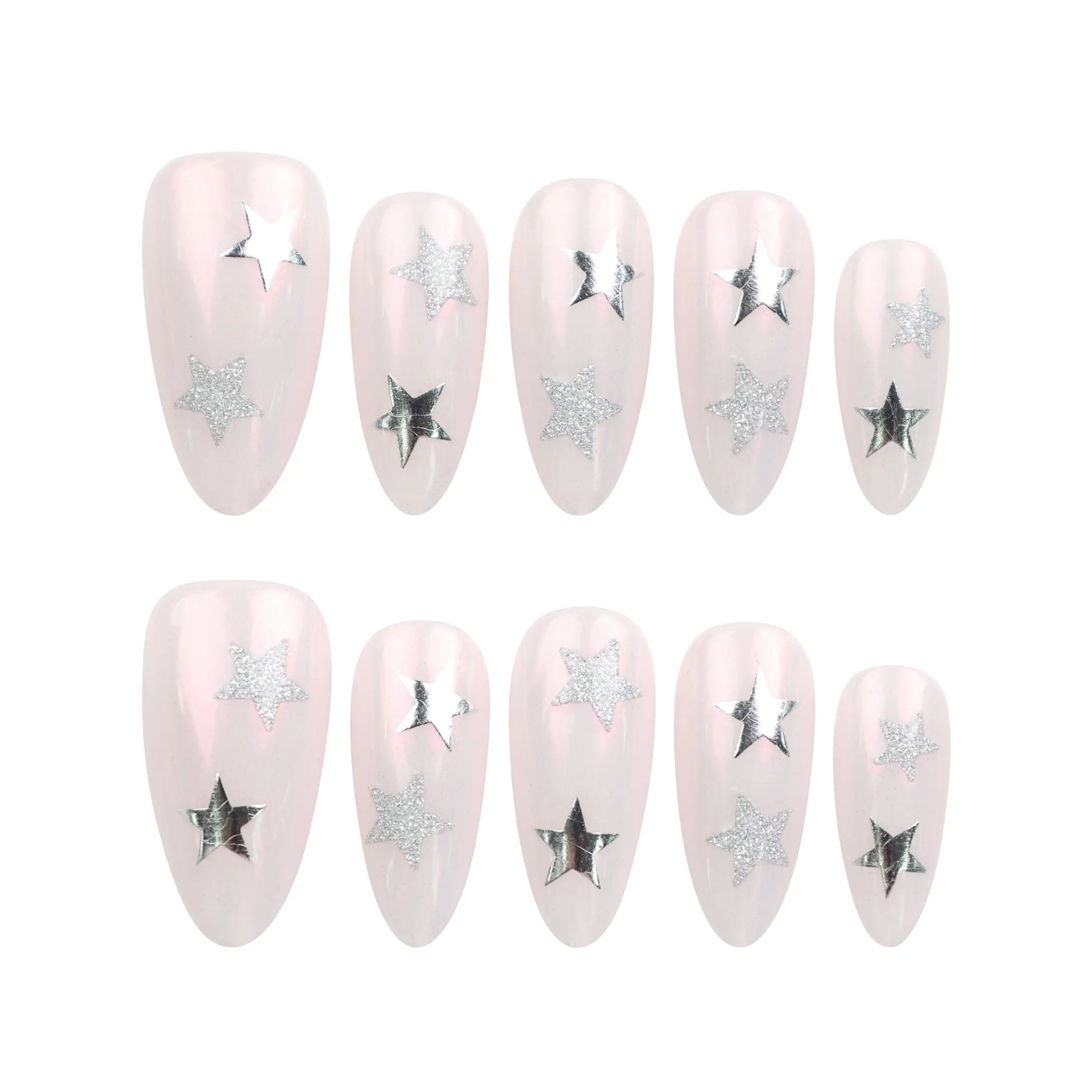 Ethereal Stars light pink handmade press-on nails with silver stars on white background, Singapore press on nails by naillover