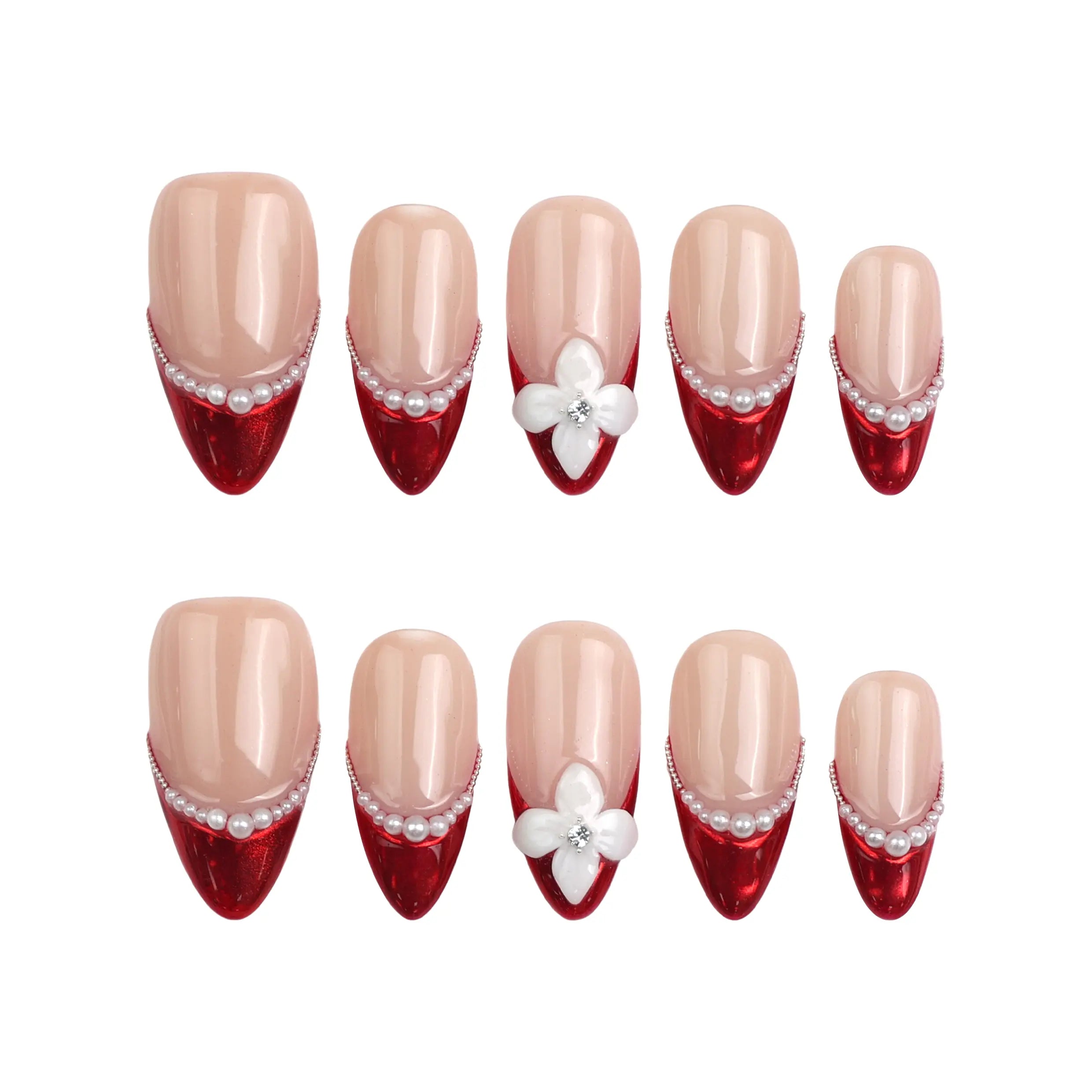 Product display of Naillover’s Singapore handmade press-on nail set in almond shape with red tips, pink base, pearls, and 3D flowers