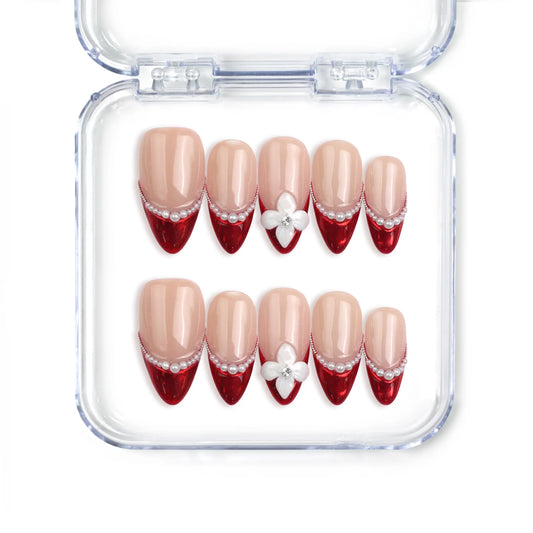 Naillover Singapore handmade almond red press on nails with pink base, pearl accents, and 3D flower nails art
