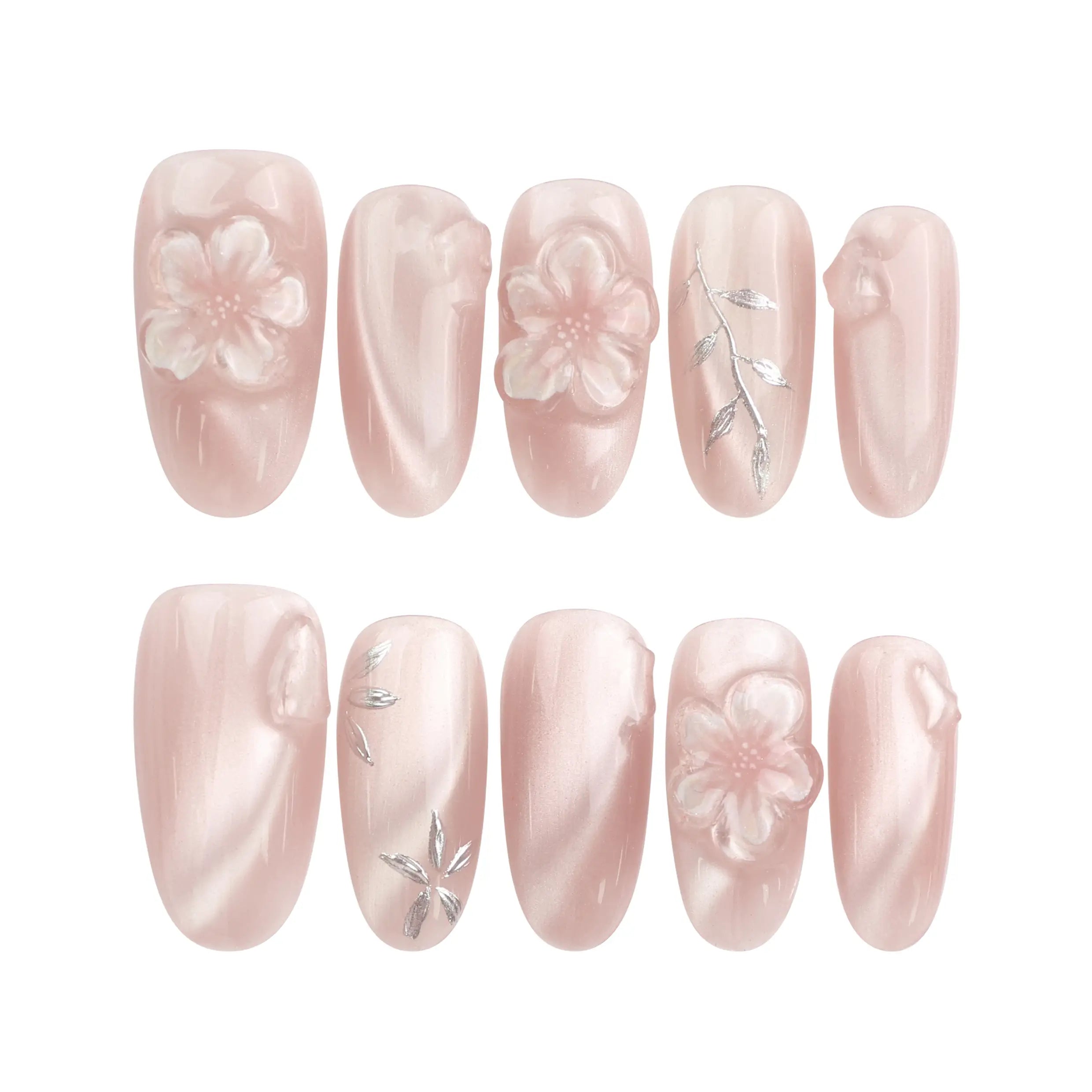 Floral Flicker handmade press on nails by naillover, floral patterns with crystal accents displayed on white background.