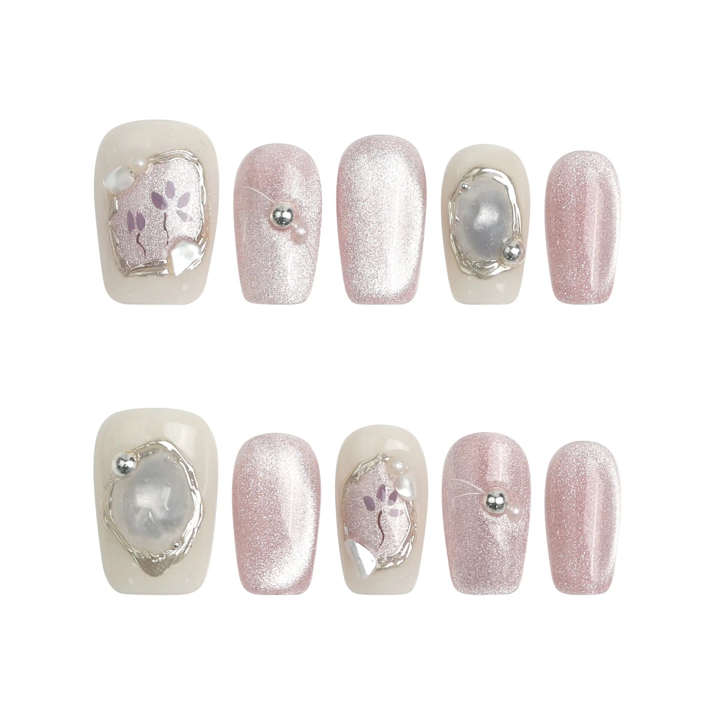 Product display of Flower Glint handmade press on nails featuring pastel pink-white shimmer and raised floral details by Naillover