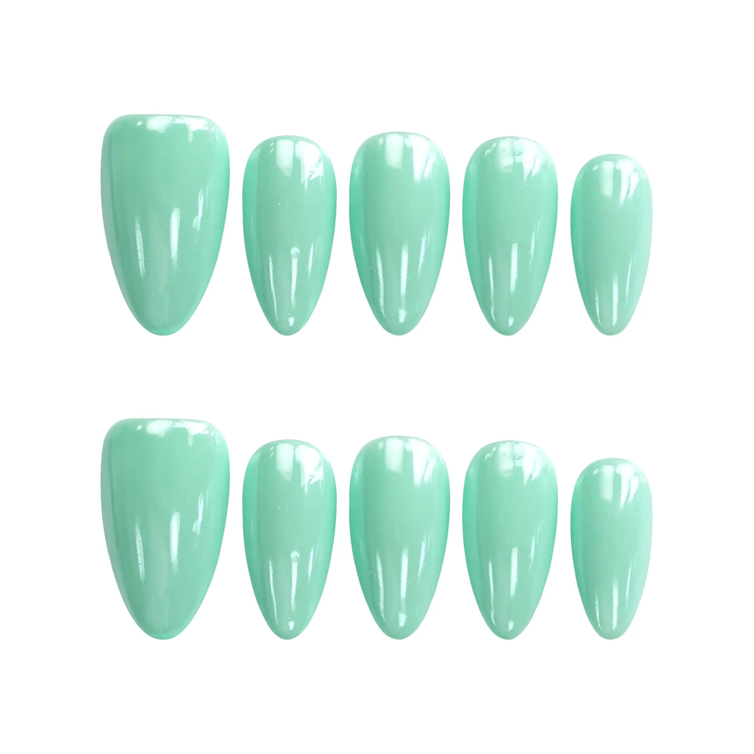 Product display of short almond handmade nails in pastel green, capturing a clean, seasonal look