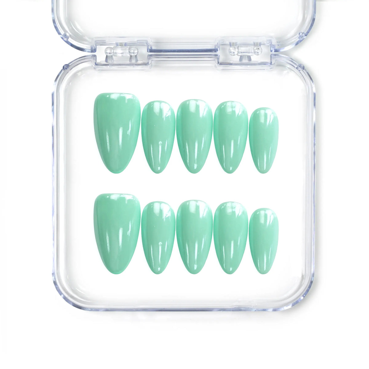 Naillover Singapore handmade short almond nails in glossy pastel green with a calming spring vibe