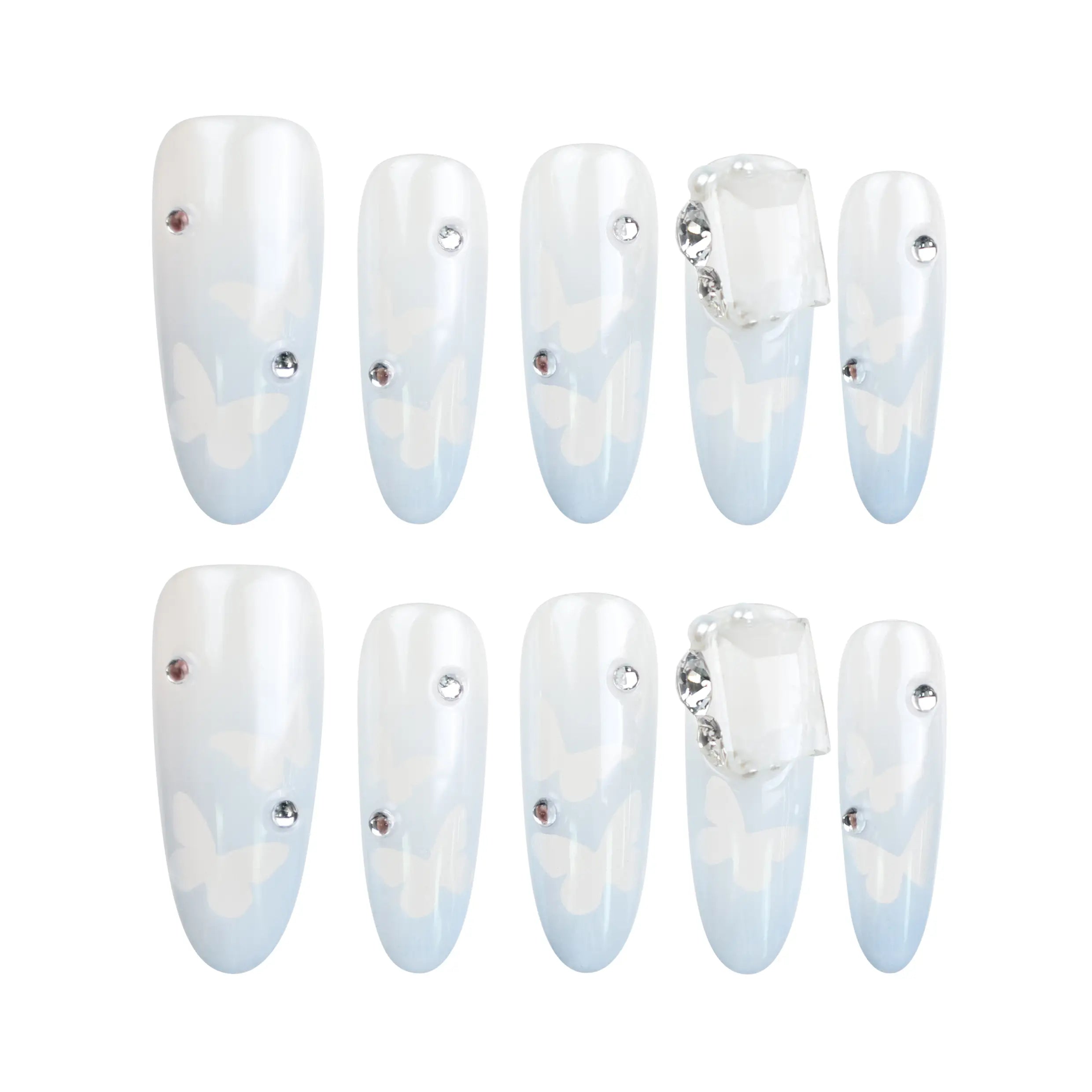 Frost White Singapore press-on nails with silver glitter accents, displayed on a white background, handmade by naillover