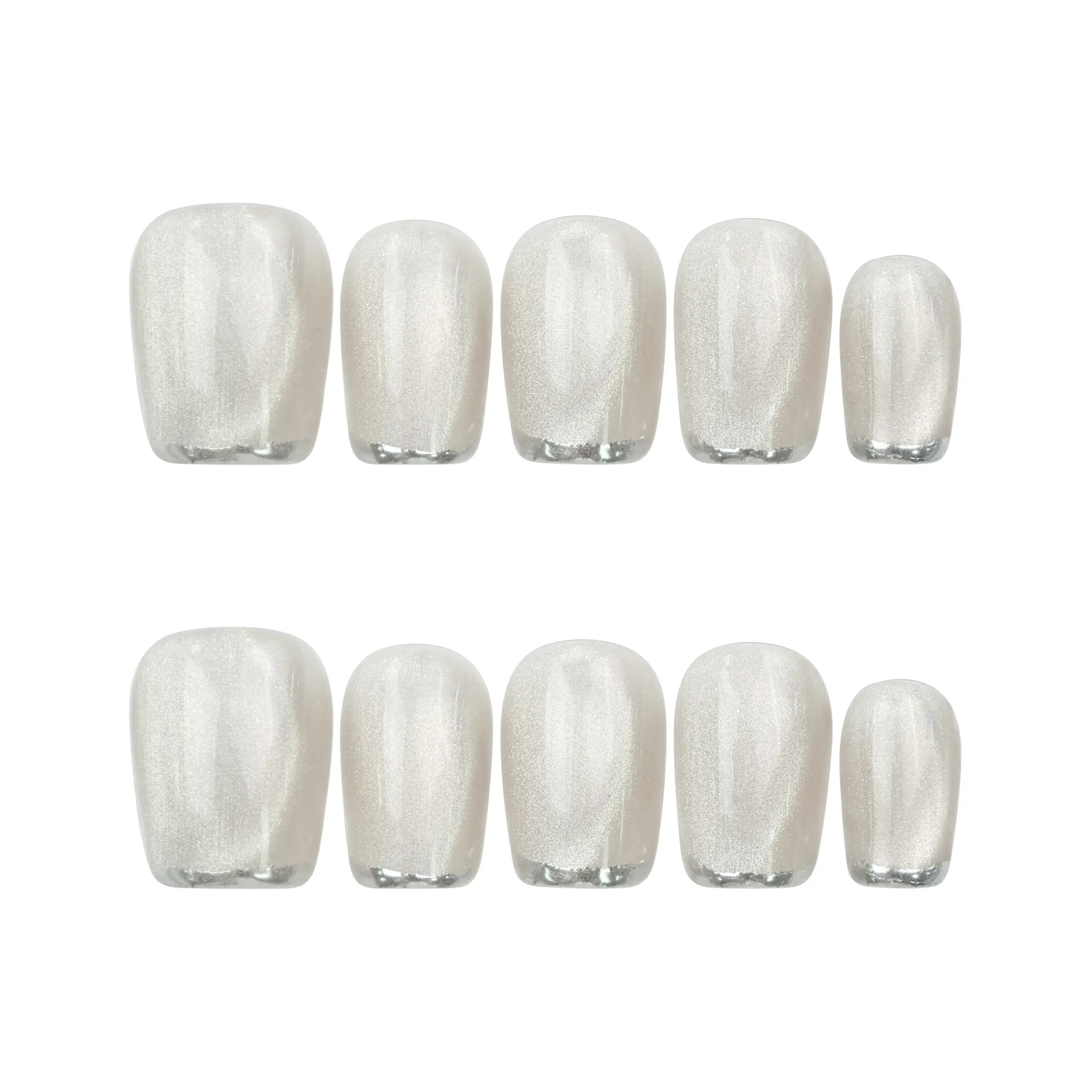 Flat lay of NailLover Frosted Glare handmade press on nails set on clean white background