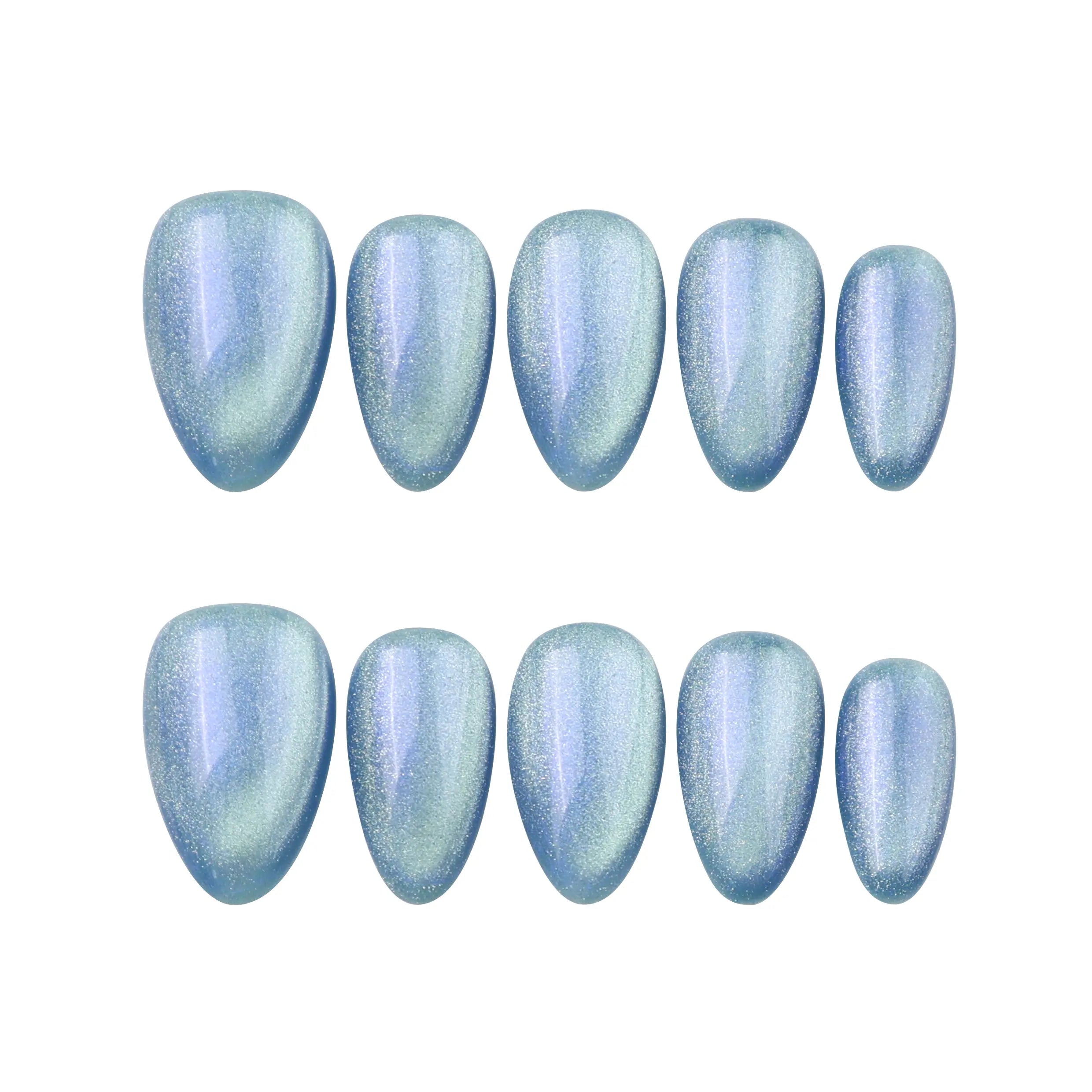 Frosted Skyline blue press on nails with cat eye shimmer laid on white background, almond shape by Naillover.