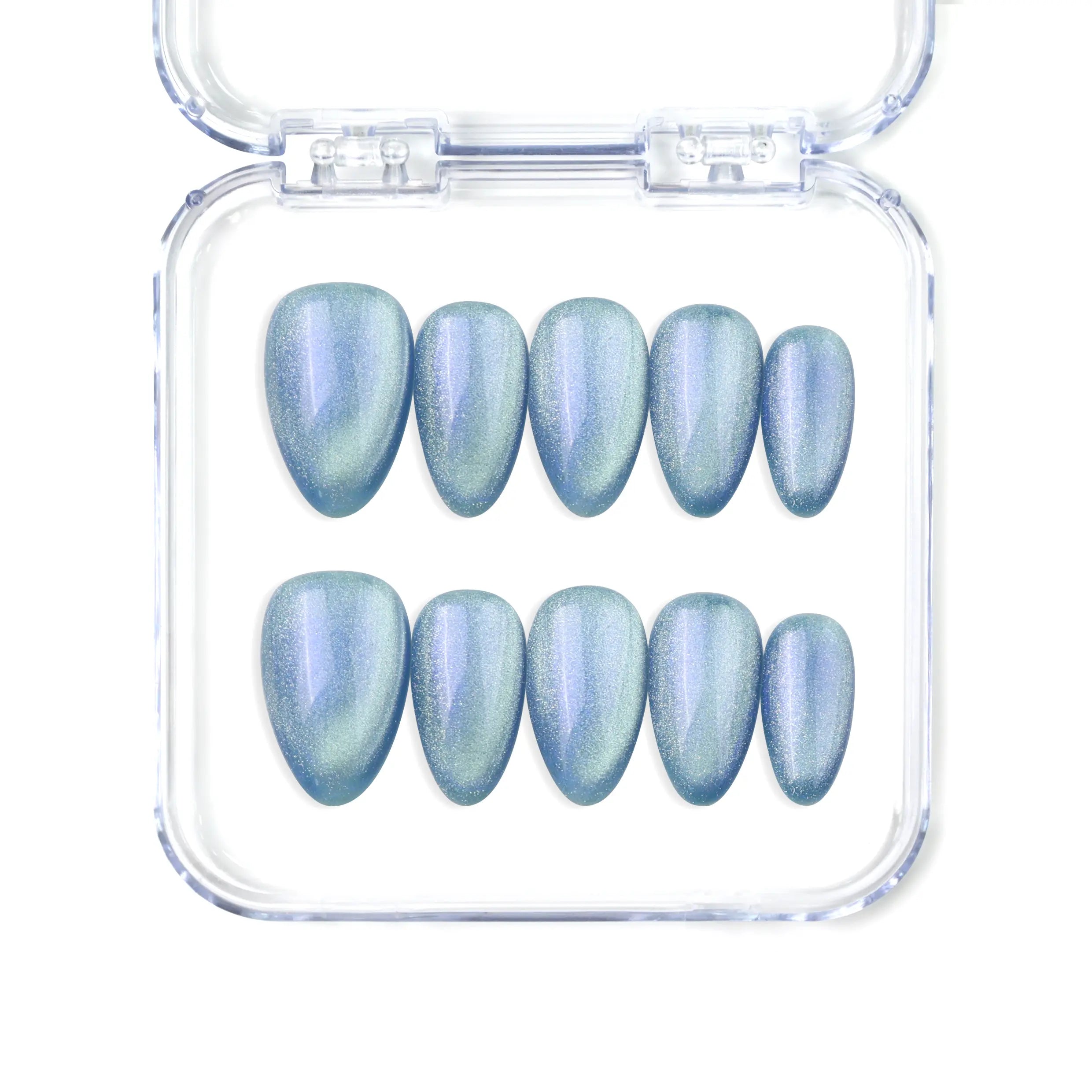 Naillover Frosted Skyline handmade blue press on nails with subtle cat eye shimmer, Singapore almond shape design.