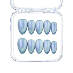 Naillover Frosted Skyline handmade blue press on nails with subtle cat eye shimmer, Singapore almond shape design.