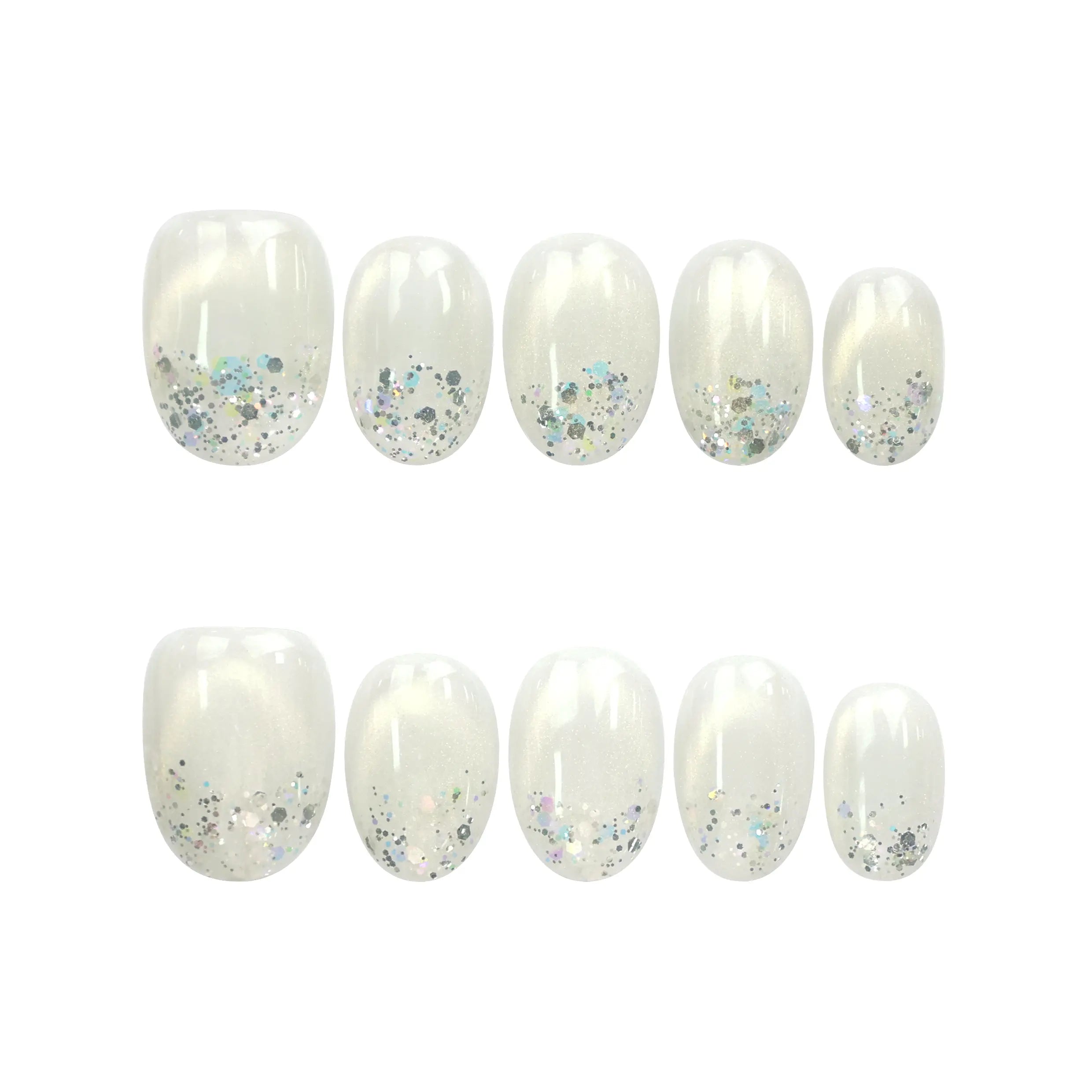 Flat lay of Naillover Frosty Glitter Singapore press on nails set, featuring handmade nails with sheer base and silver glitter.