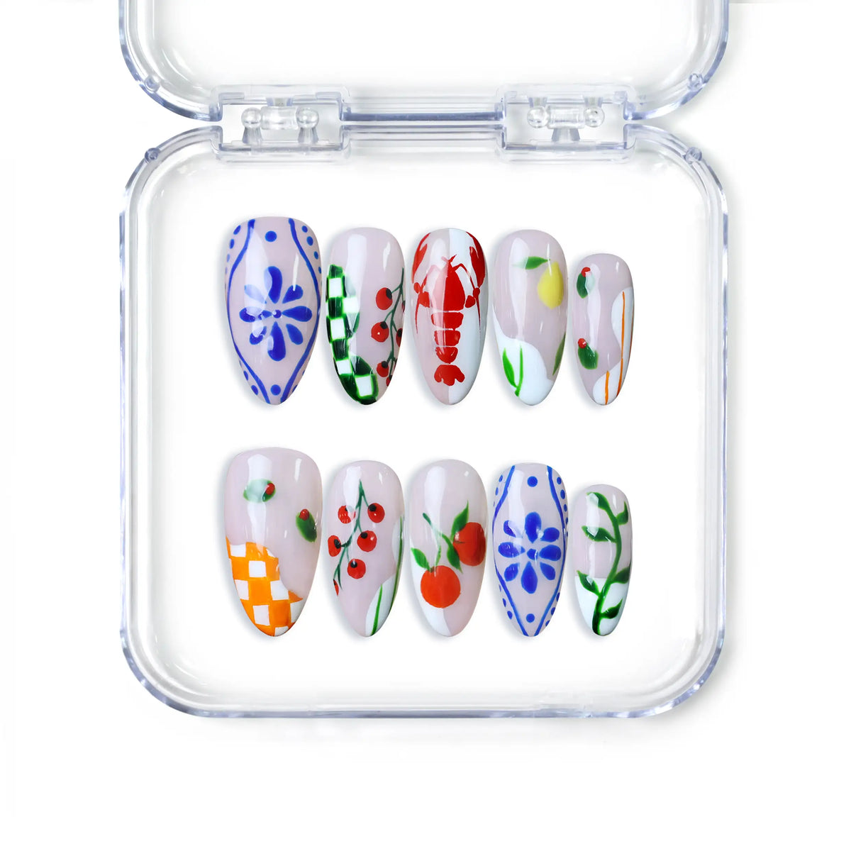 Singapore almond press on nails with cherries, daisies, and pastel floral patterns, handmade by Naillover