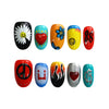 Product display of Naillover’s handmade short press-on nail set with retro flowers and expressive icons in a fun layout