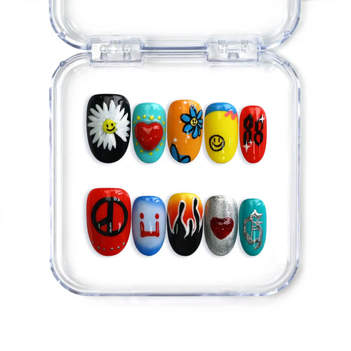 Handmade short cute flower nails from Singapore with emoji and peace sign designs in a retro-inspired palette.