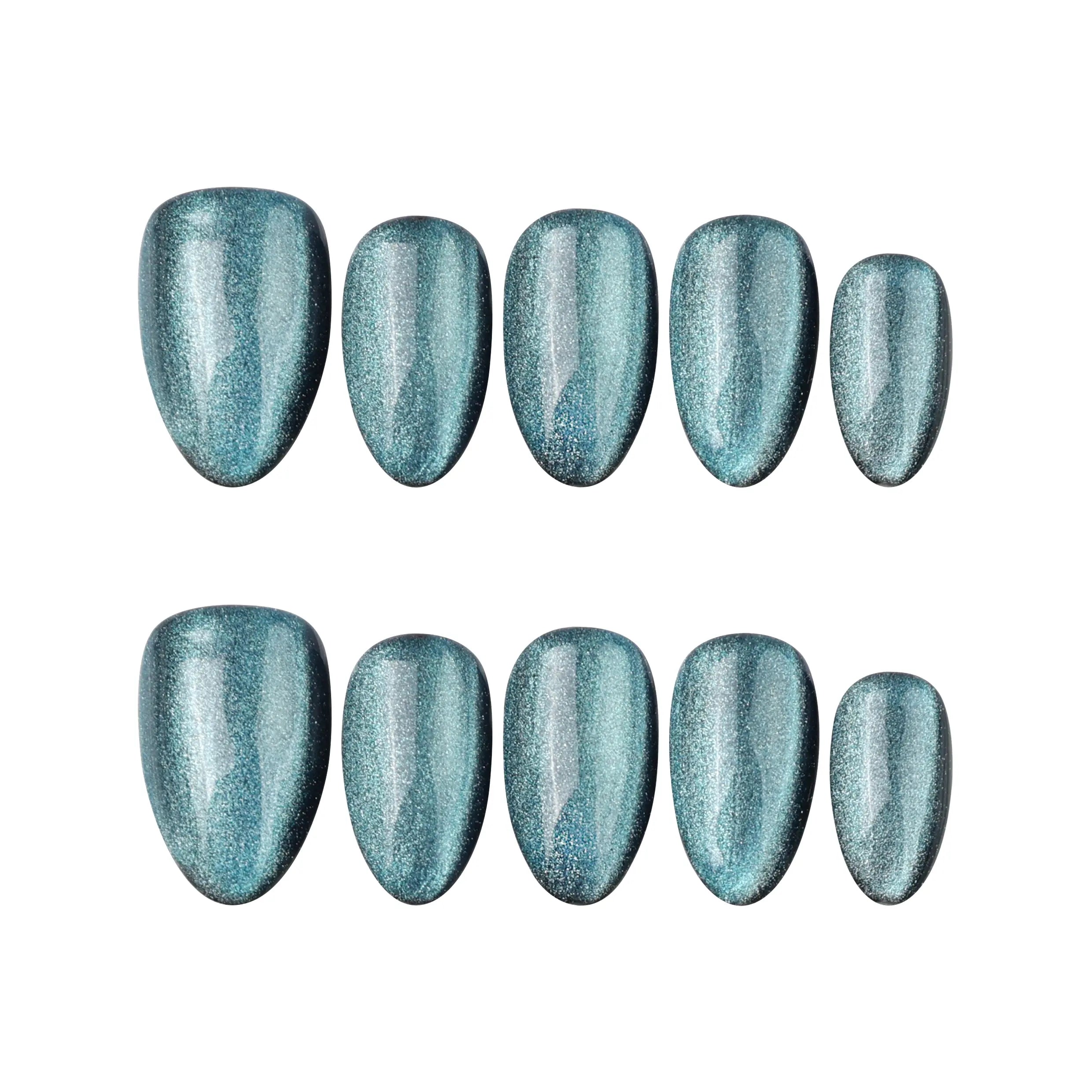 Flat lay of Naillover Galaxy Gleam handmade press on nails, blue and silver glitter over white background.