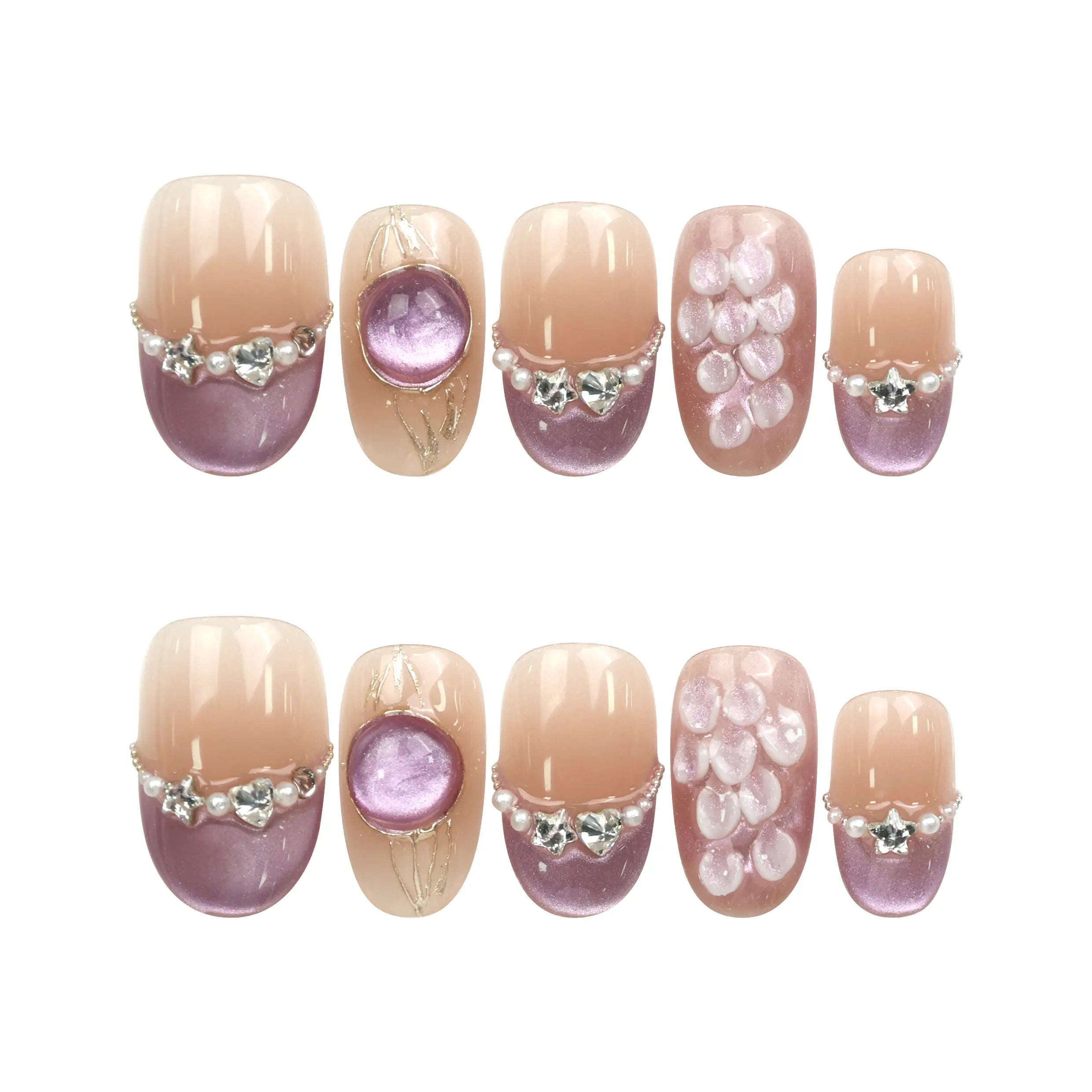 Flat lay of Naillover Gemstone Latte Singapore press on nails set, featuring handmade nails with iridescent colors, seashell motifs, and pearl details.