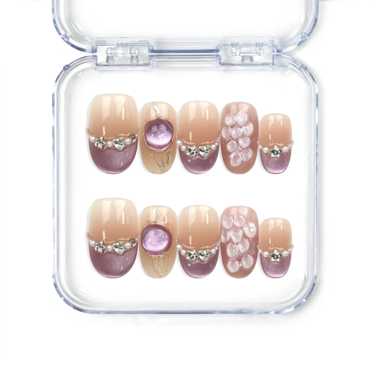 Naillover Gemstone Latte handmade press on nails in oceanic tones with seashell and pearl accents, from Singapore press on nails collection.