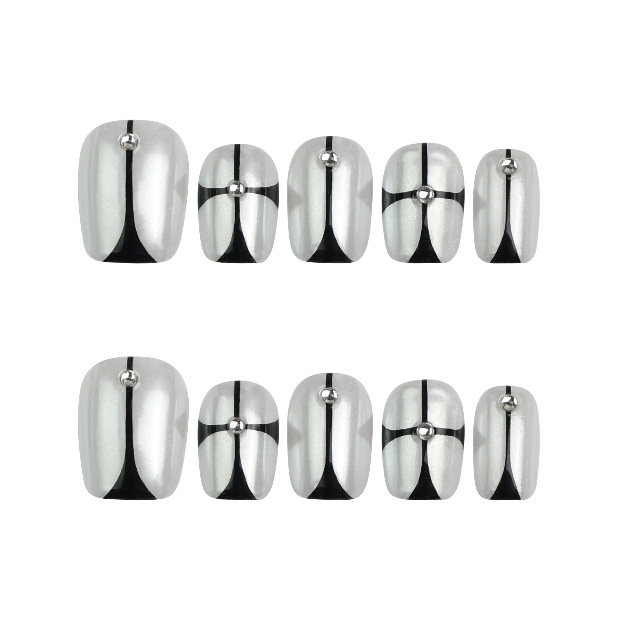 Product display of short squoval-shaped press-on nails with nude foundation and edgy geometric chrome accents by Naillover