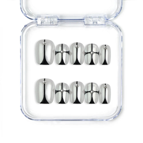 Naillover handmade Singapore short press on nails in squoval shape with nude base and black chrome geometric accents