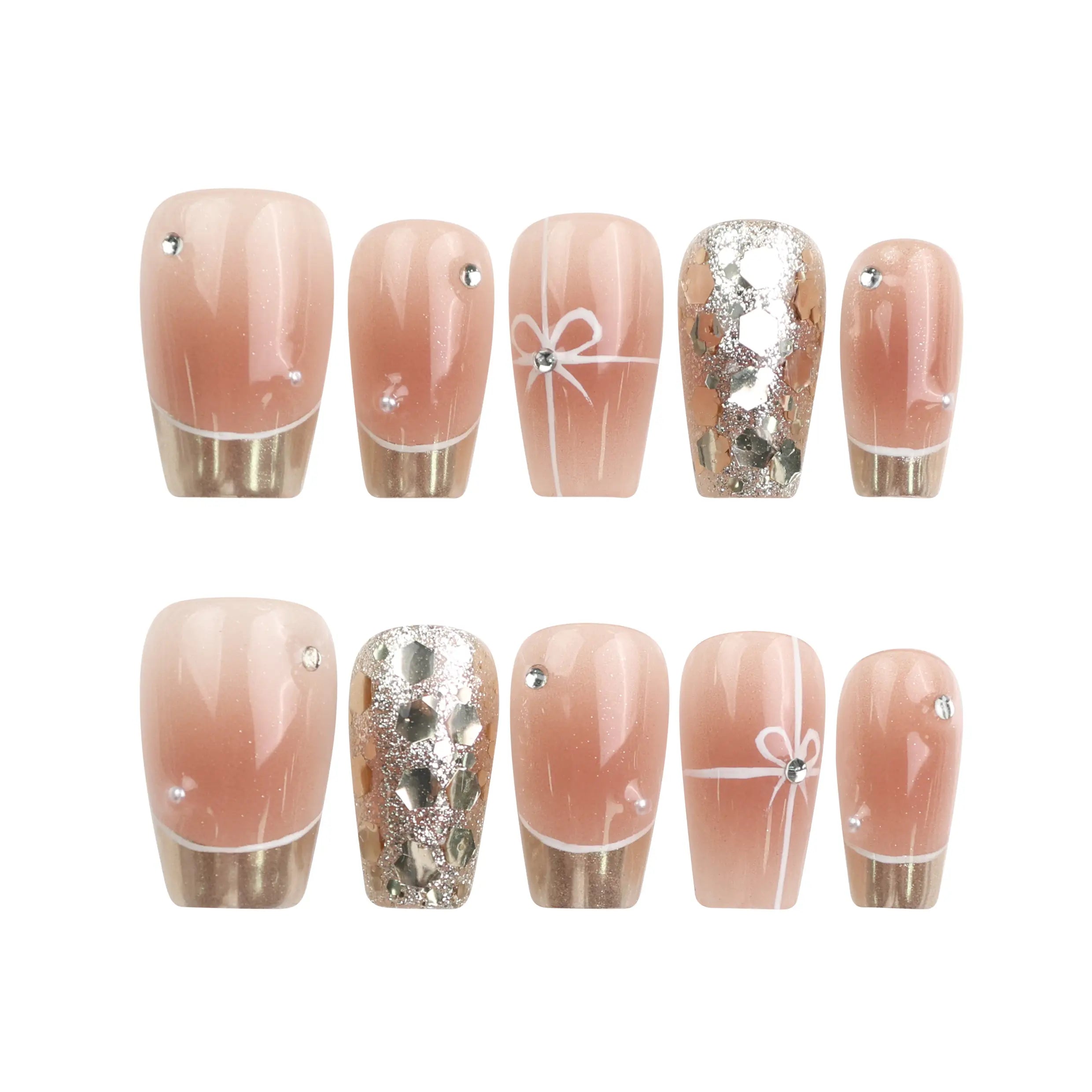 Glamorous nude Singapore press on nails with gold sequins and glitter displayed on white background, handmade by Naillover