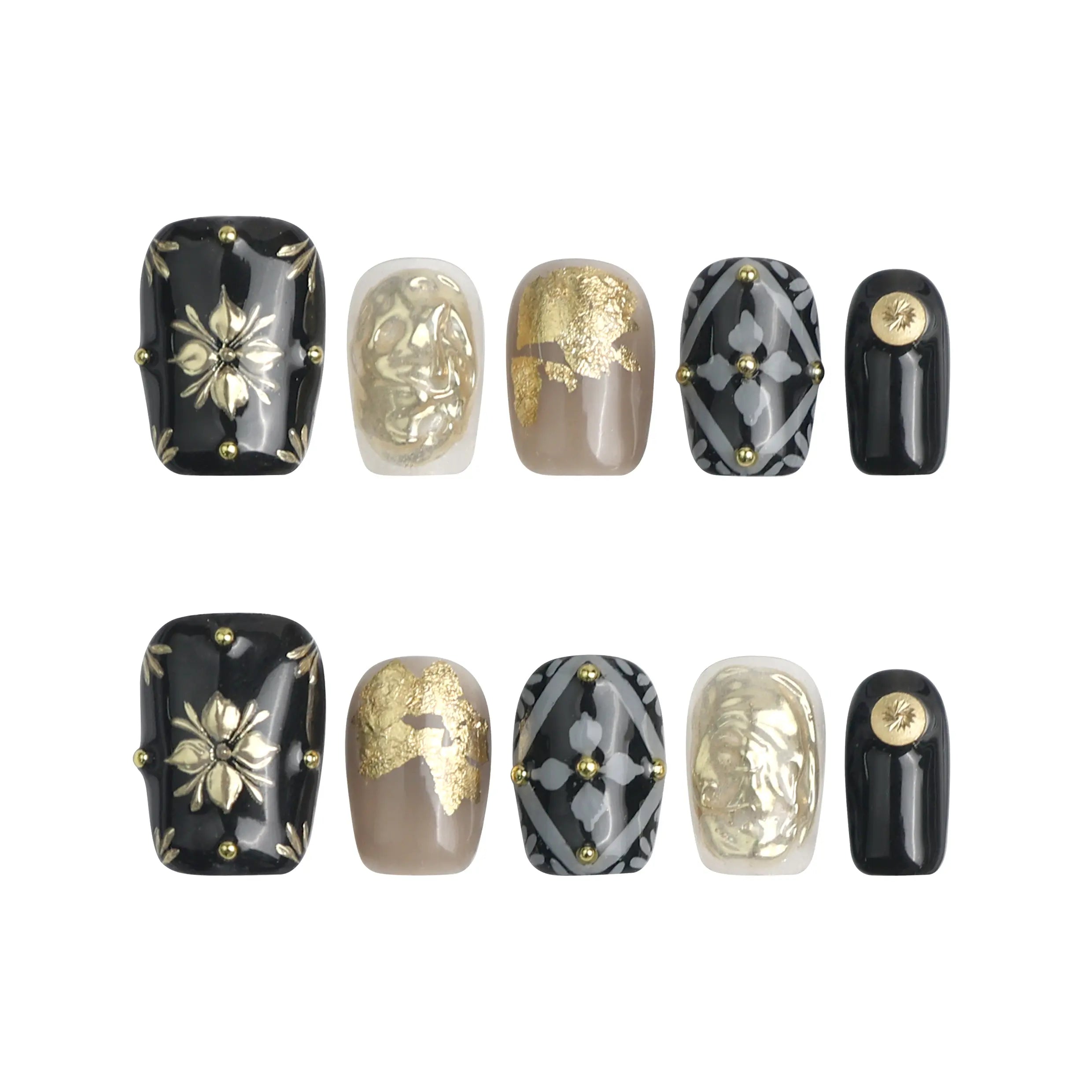 Product image of Singapore handmade press on nails in black, with ornate floral nail art, gold leaf motifs, and rhinestone details by Naillover