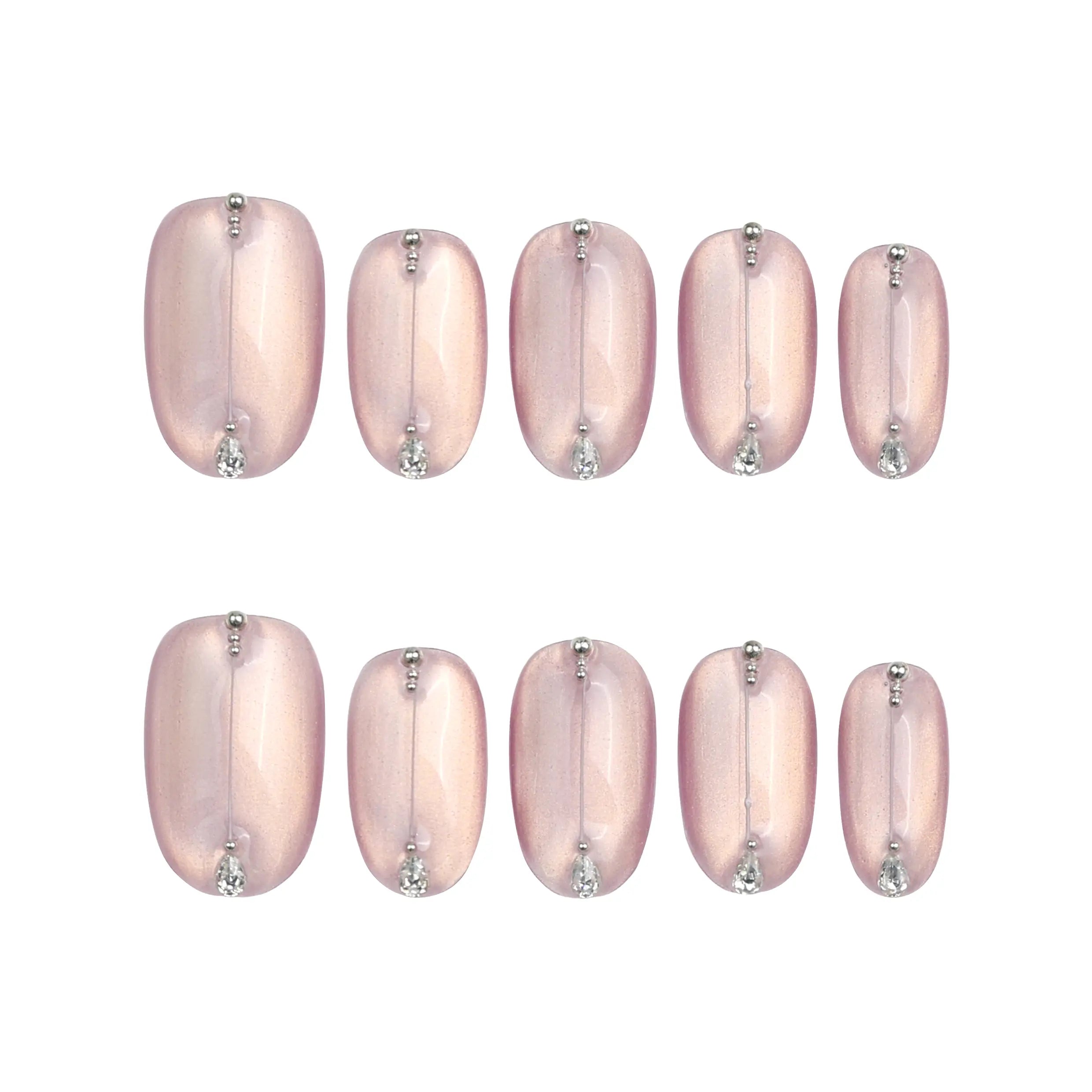 Product display of Naillover’s Singapore handmade short pink press-on nail set with mauve gradient, shimmer, and gems