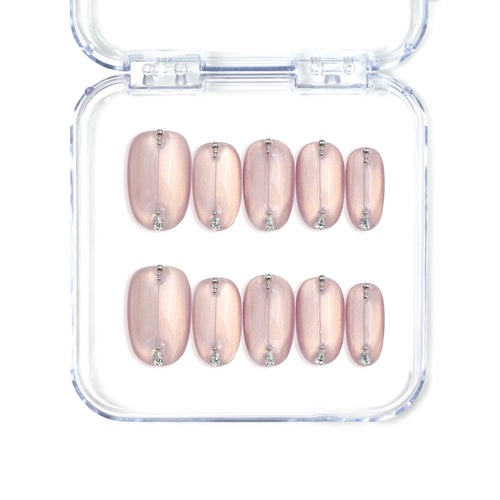 Naillover handmade Singapore short pink press on nails in mauve gradient with chrome shimmer and gem accents