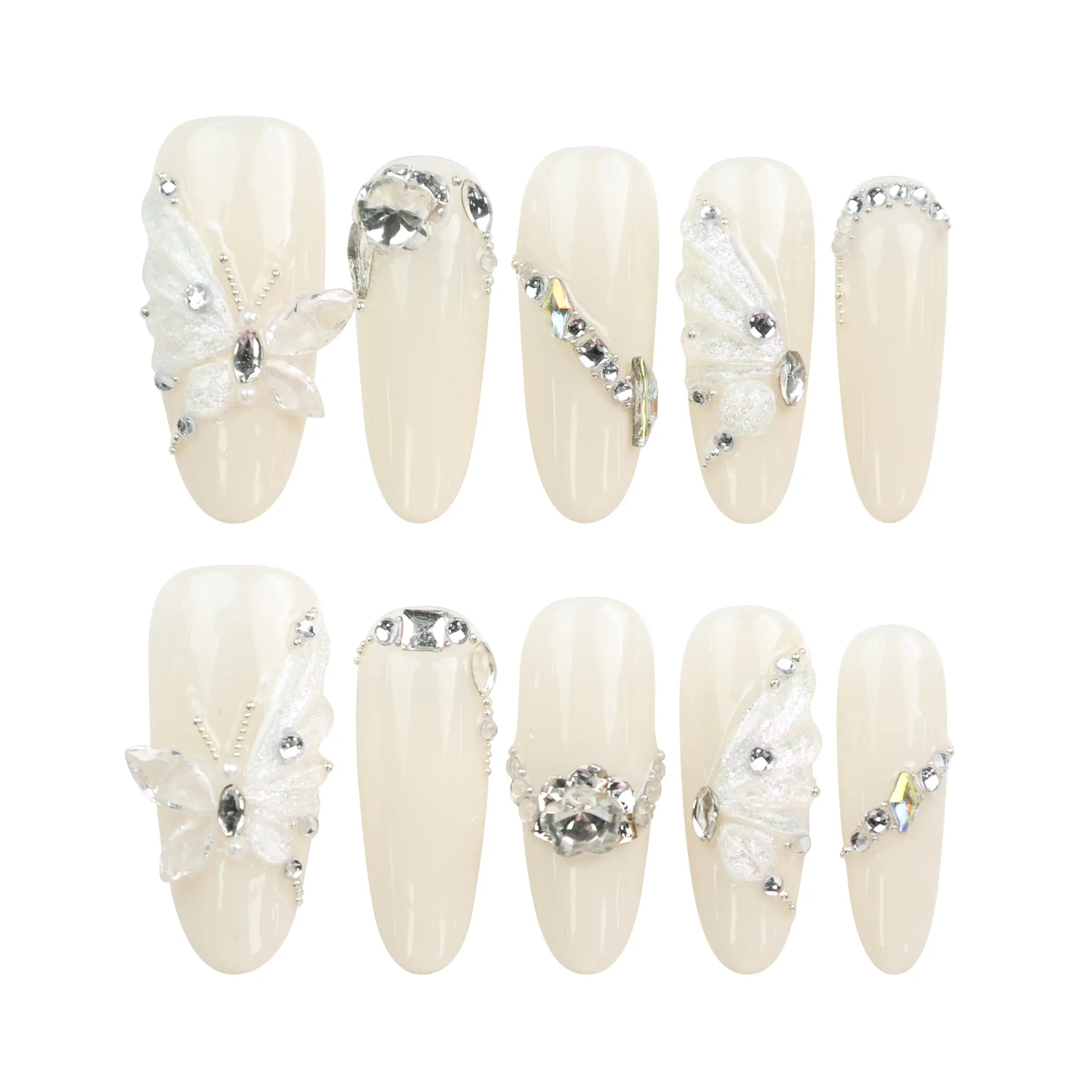 Glimmer Mirage translucent handmade Singapore press-on nails with silver glitter and butterfly accents on white background by naillover