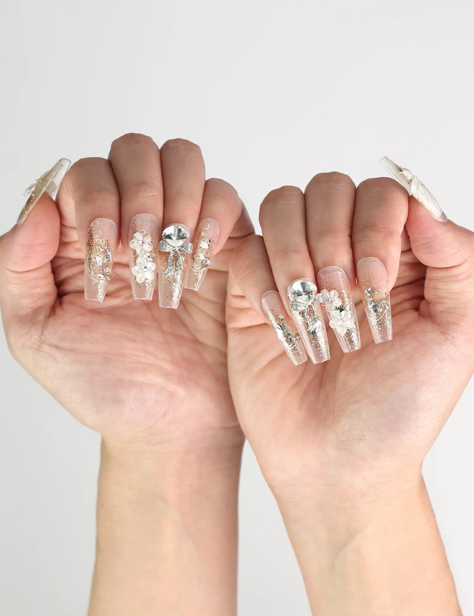 Elegant look featuring Glisten Dream handmade Singapore press on nails with sparkling details by naillover