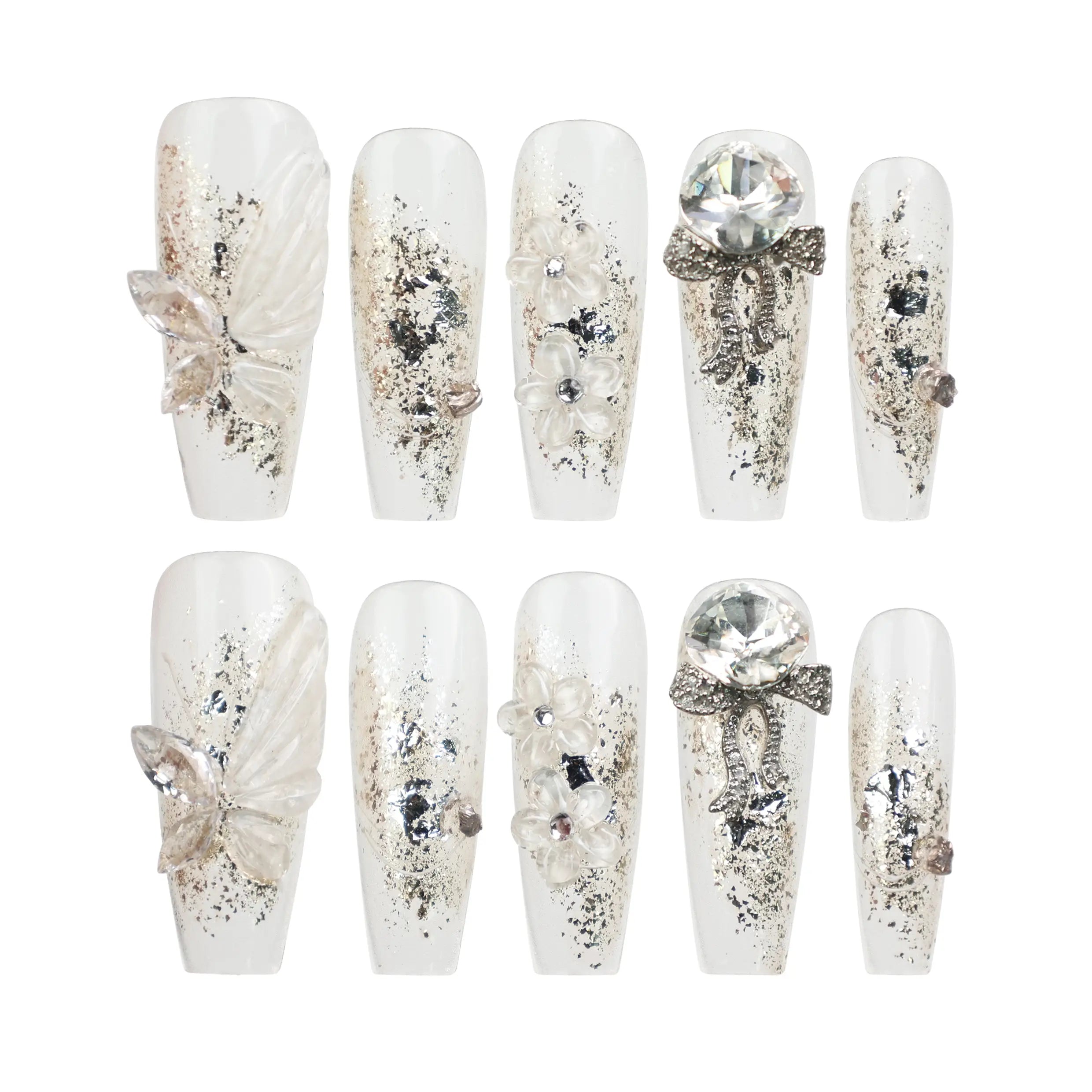 White background display of Glisten Dream handmade Singapore press on nails with silver glitter and embellishments by naillover