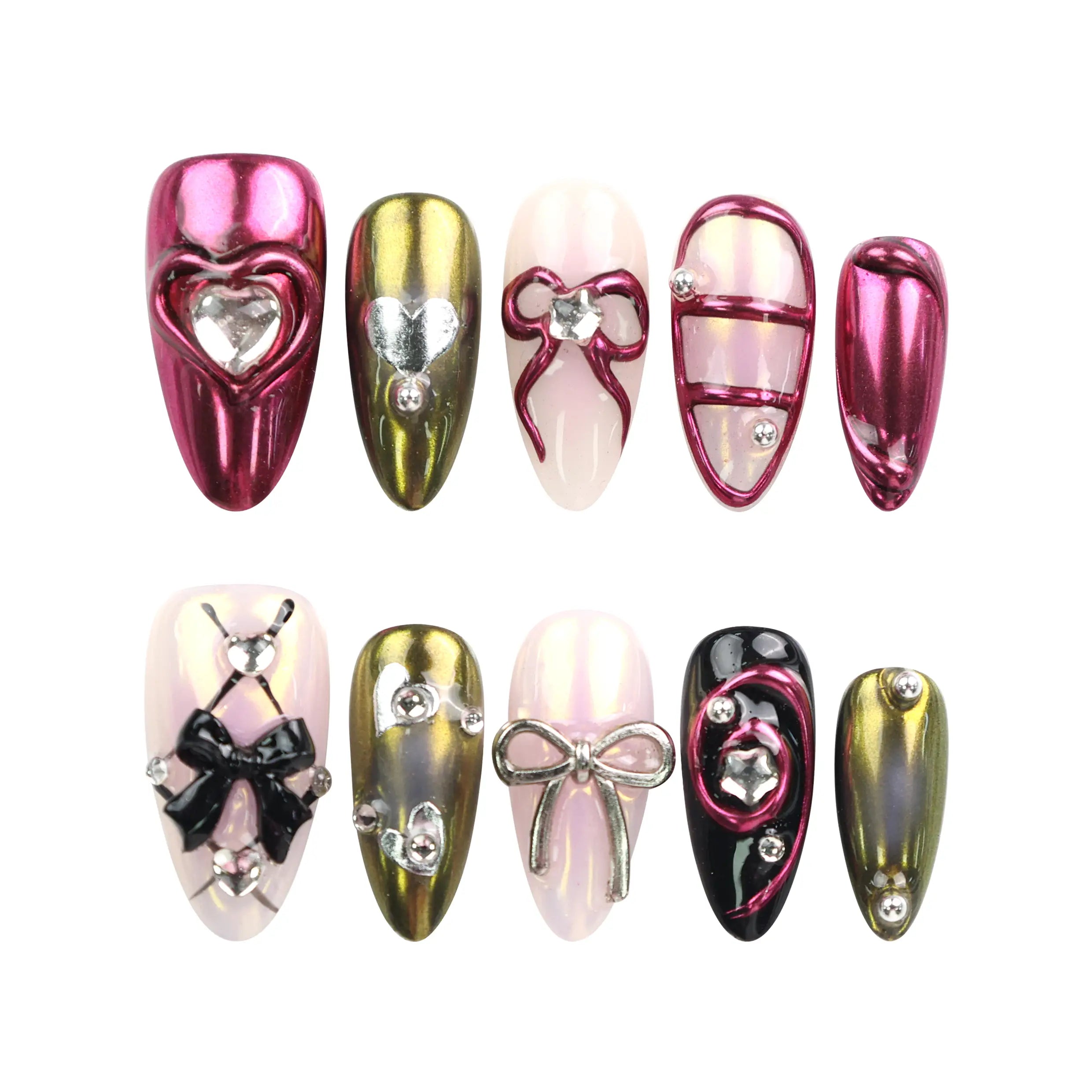 Glossy Love coquette nails on white background, Naillover handmade press on nails Singapore collection.