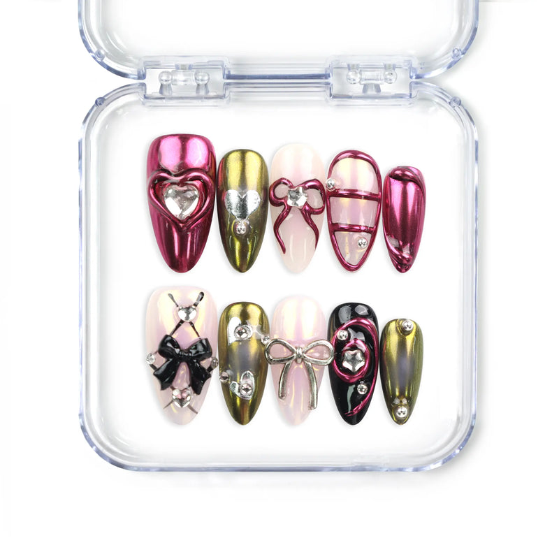Glossy Love coquette nails set with hearts and bows, handmade press on nails from Naillover, Singapore press on nails collection in bold glossy finish.