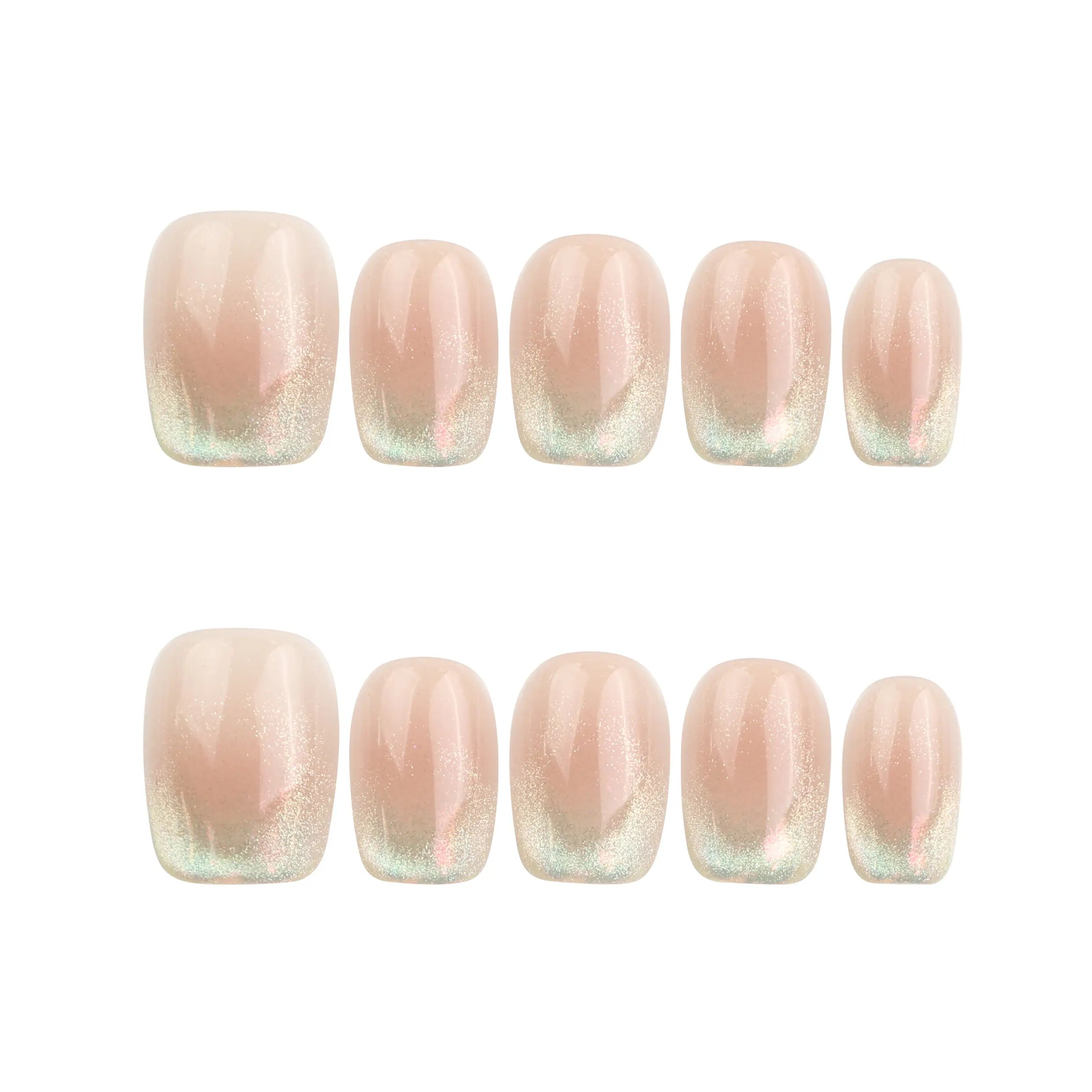 Glossy Pink handmade Singapore press on nails set in bronze-pink with gold foil accents, displayed on a white background